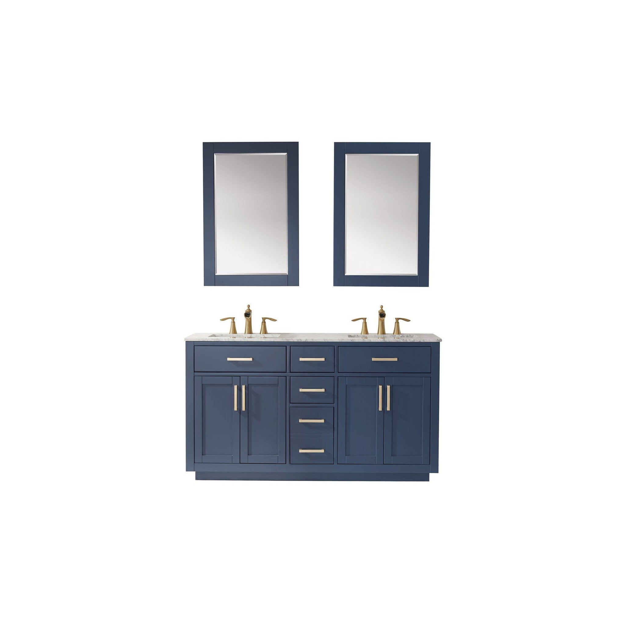 Ivy 60" Double Bathroom Vanity Set in Royal Blue and Carrara White Marble Countertop with Mirror