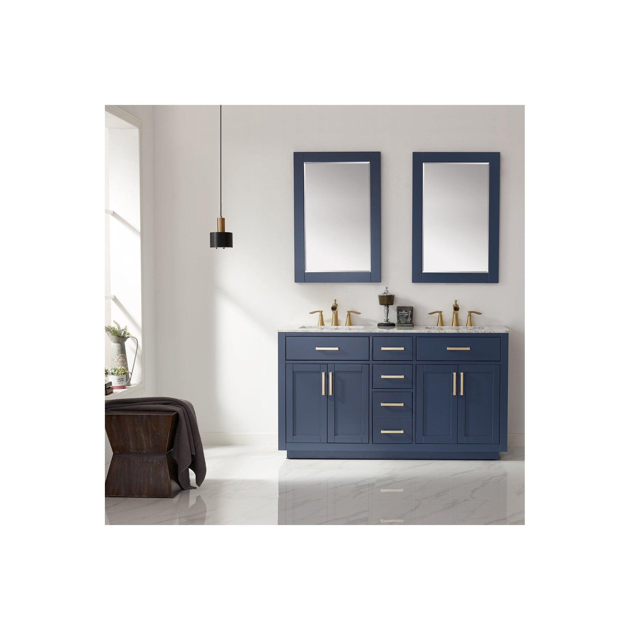 Ivy 60" Double Bathroom Vanity Set in Royal Blue and Carrara White Marble Countertop with Mirror