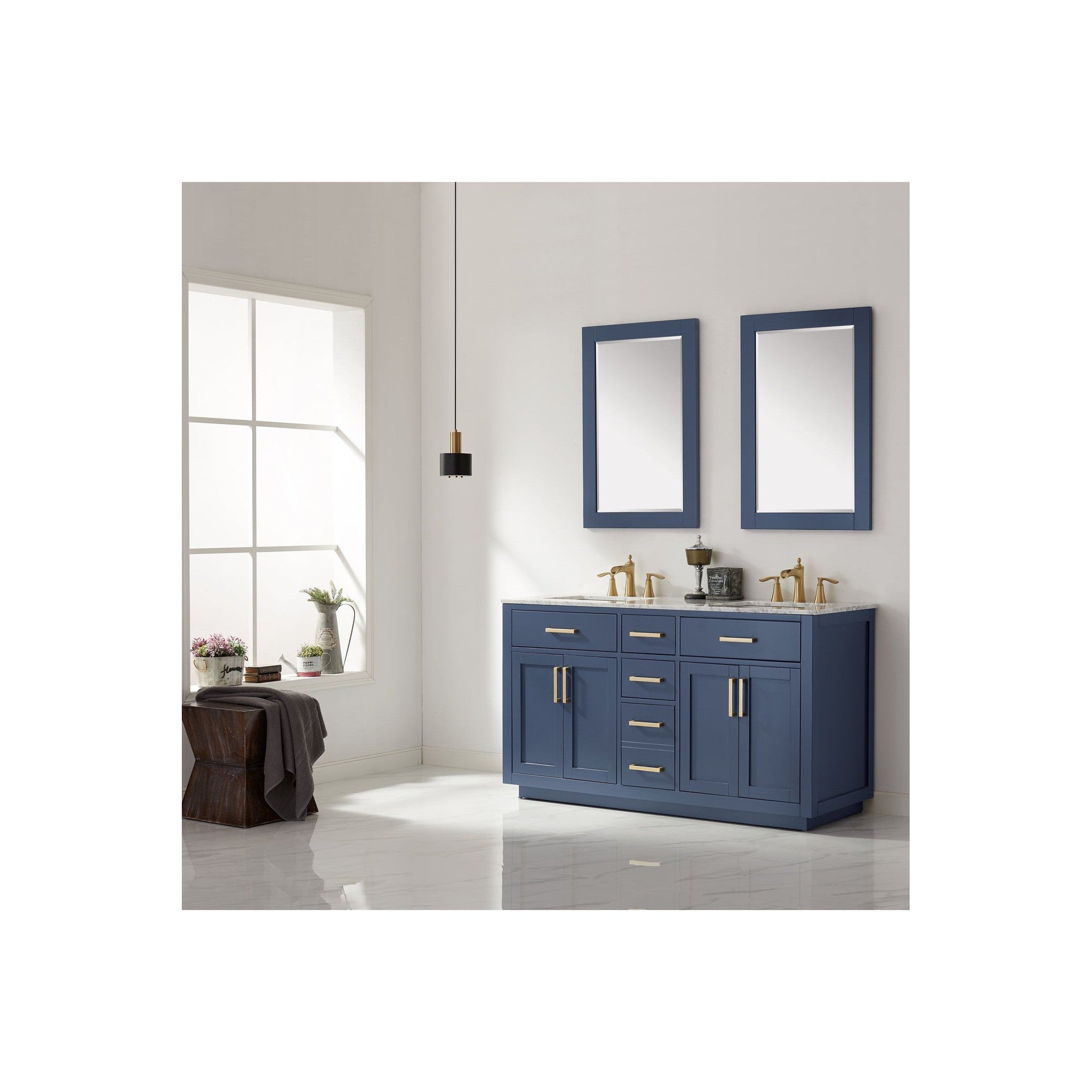 Ivy 60" Double Bathroom Vanity Set in Royal Blue and Carrara White Marble Countertop with Mirror