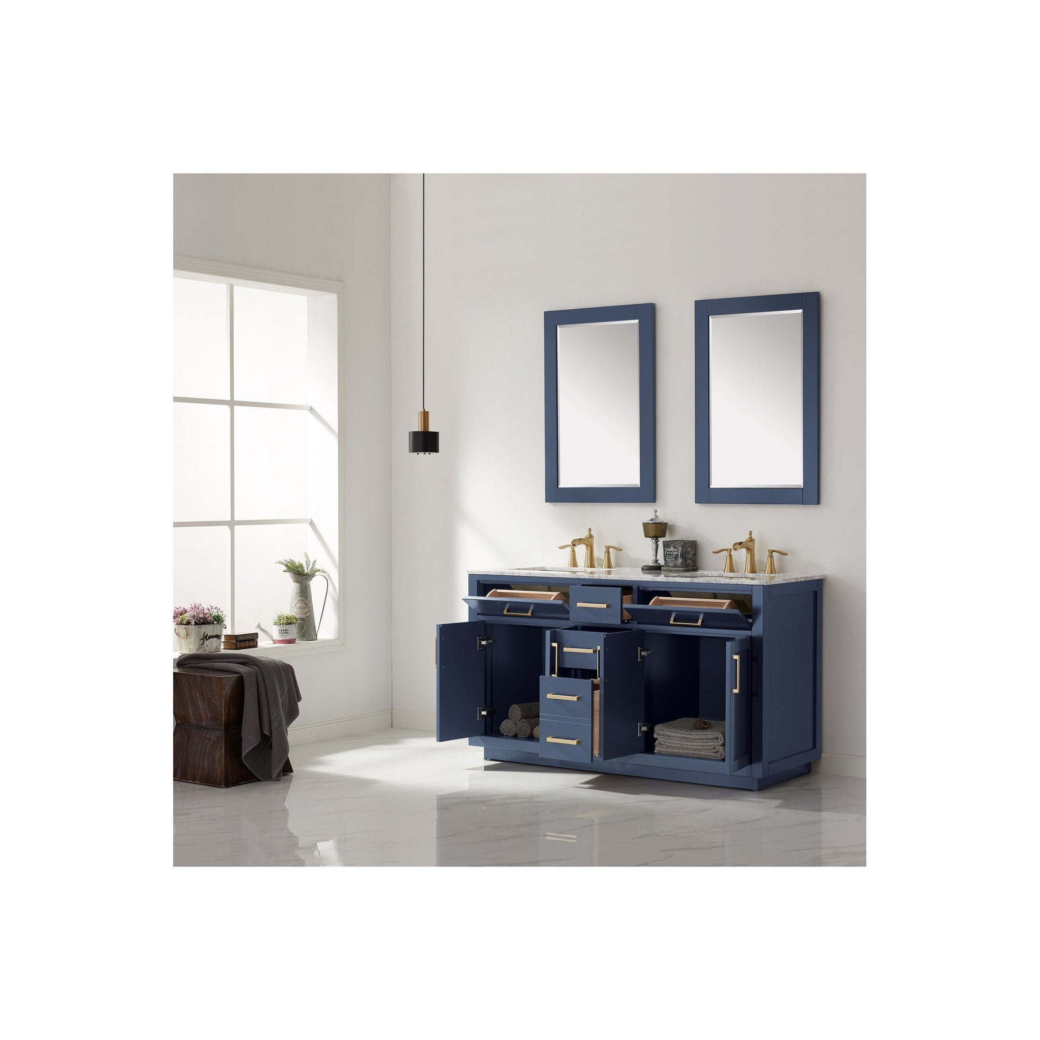 Ivy 60" Double Bathroom Vanity Set in Royal Blue and Carrara White Marble Countertop with Mirror