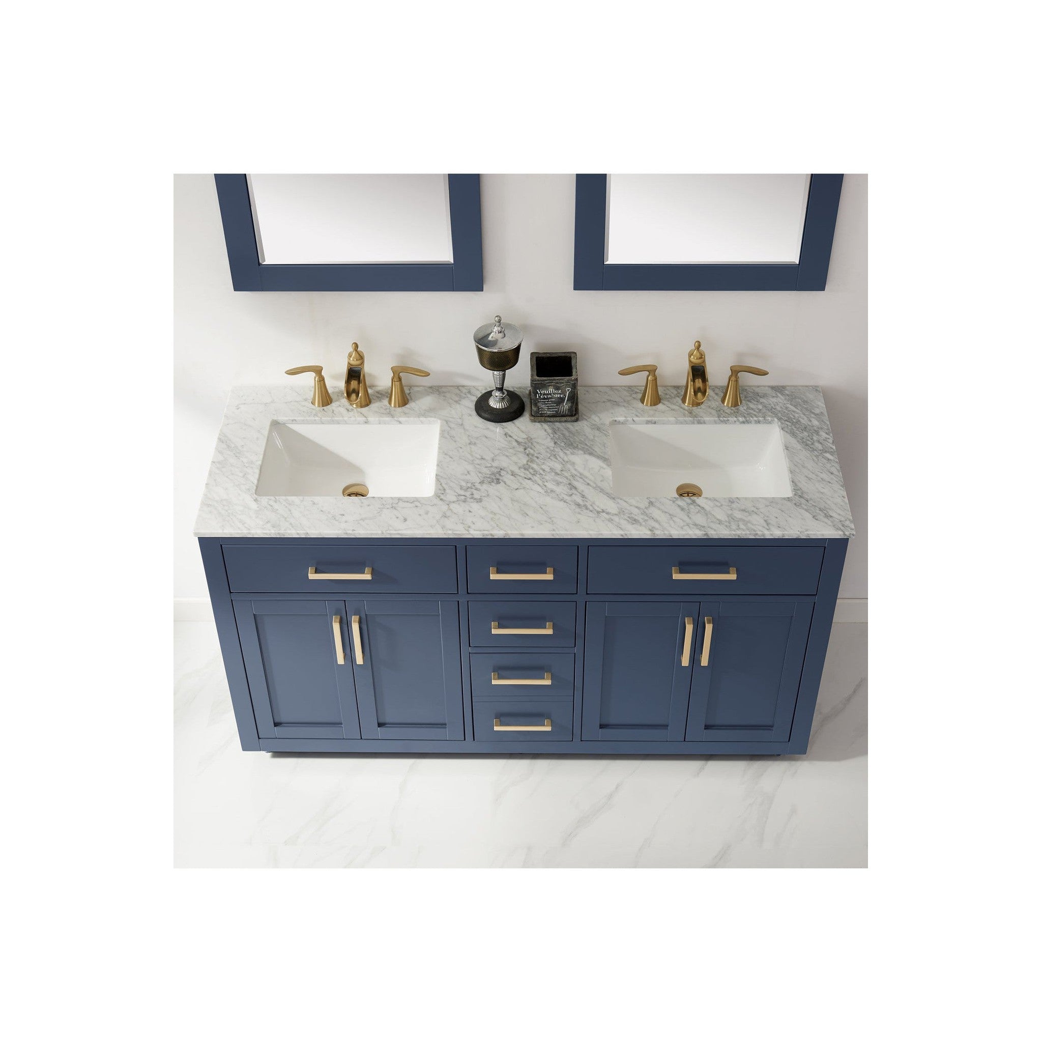 Ivy 60" Double Bathroom Vanity Set in Royal Blue and Carrara White Marble Countertop with Mirror