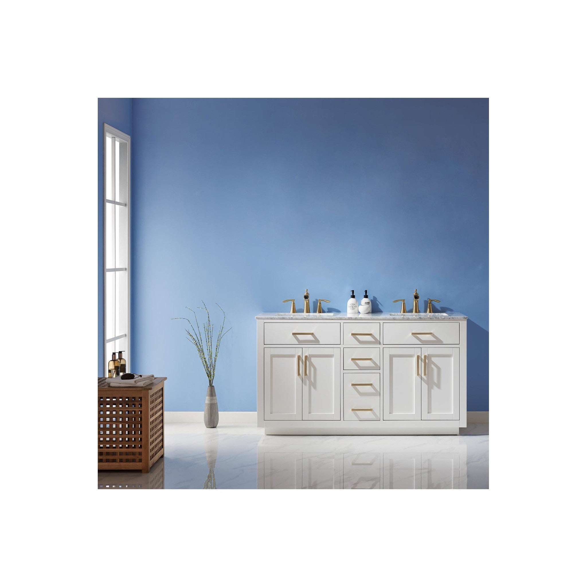 Ivy 60" Double Bathroom Vanity Set in White and Carrara White Marble Countertop without Mirror