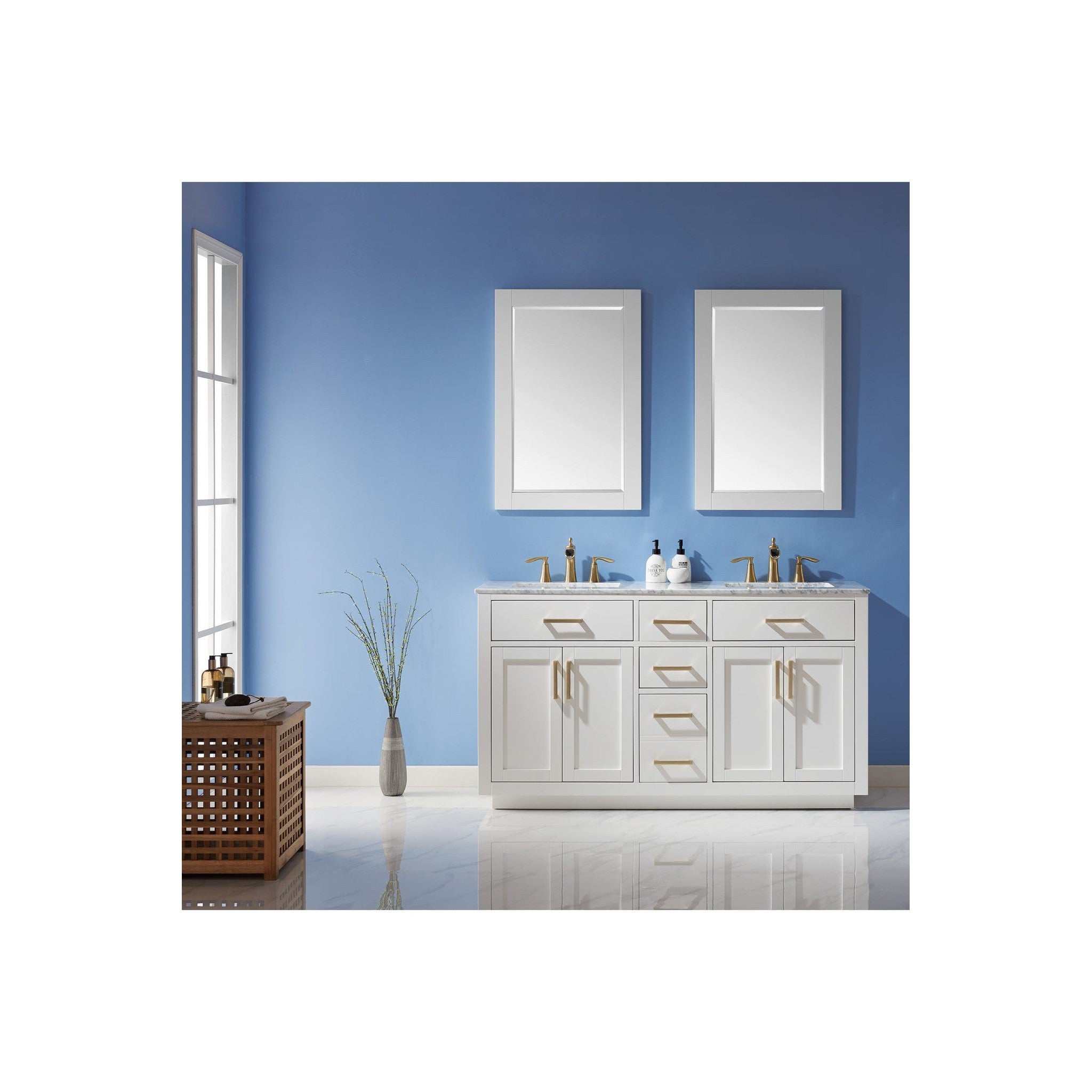 Ivy 60" Double Bathroom Vanity Set in White and Carrara White Marble Countertop with Mirror