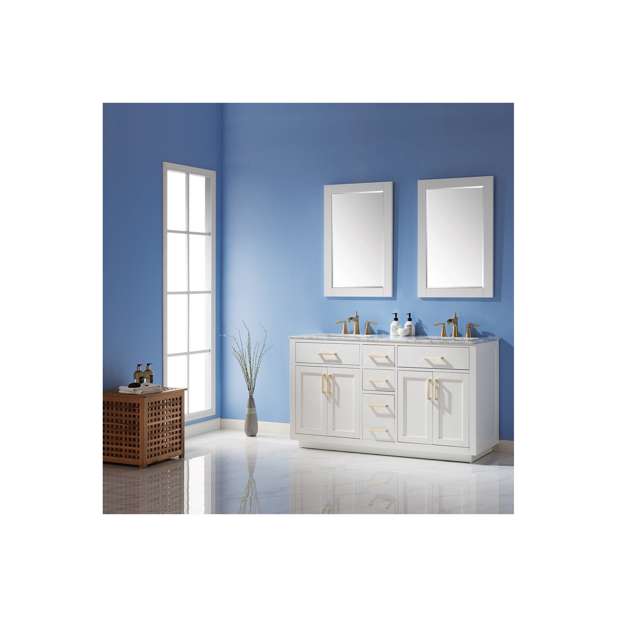 Ivy 60" Double Bathroom Vanity Set in White and Carrara White Marble Countertop with Mirror