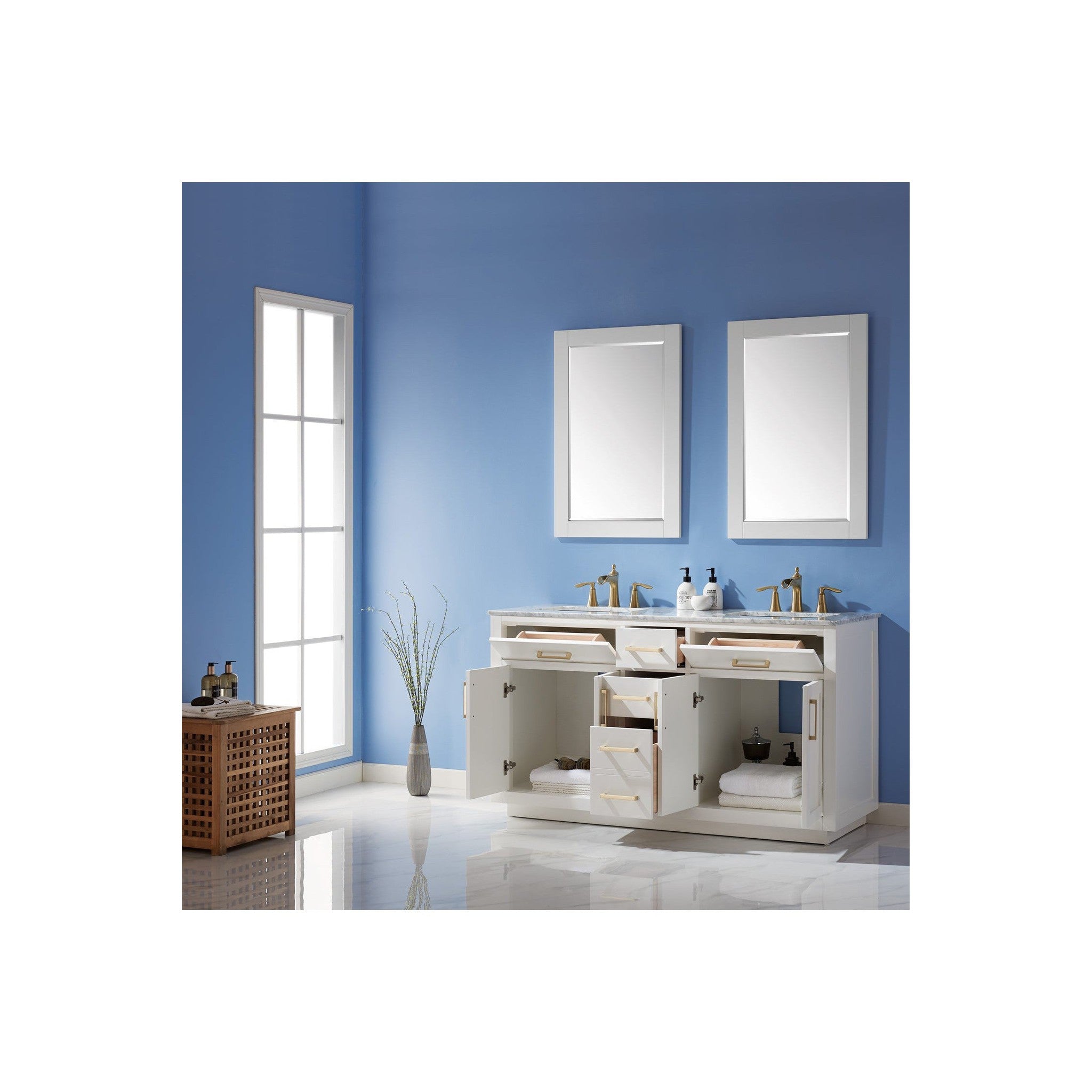 Ivy 60" Double Bathroom Vanity Set in White and Carrara White Marble Countertop with Mirror