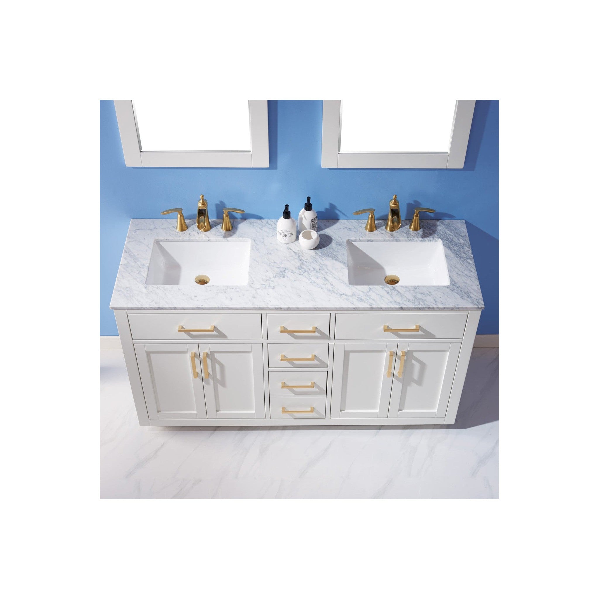 Ivy 60" Double Bathroom Vanity Set in White and Carrara White Marble Countertop with Mirror