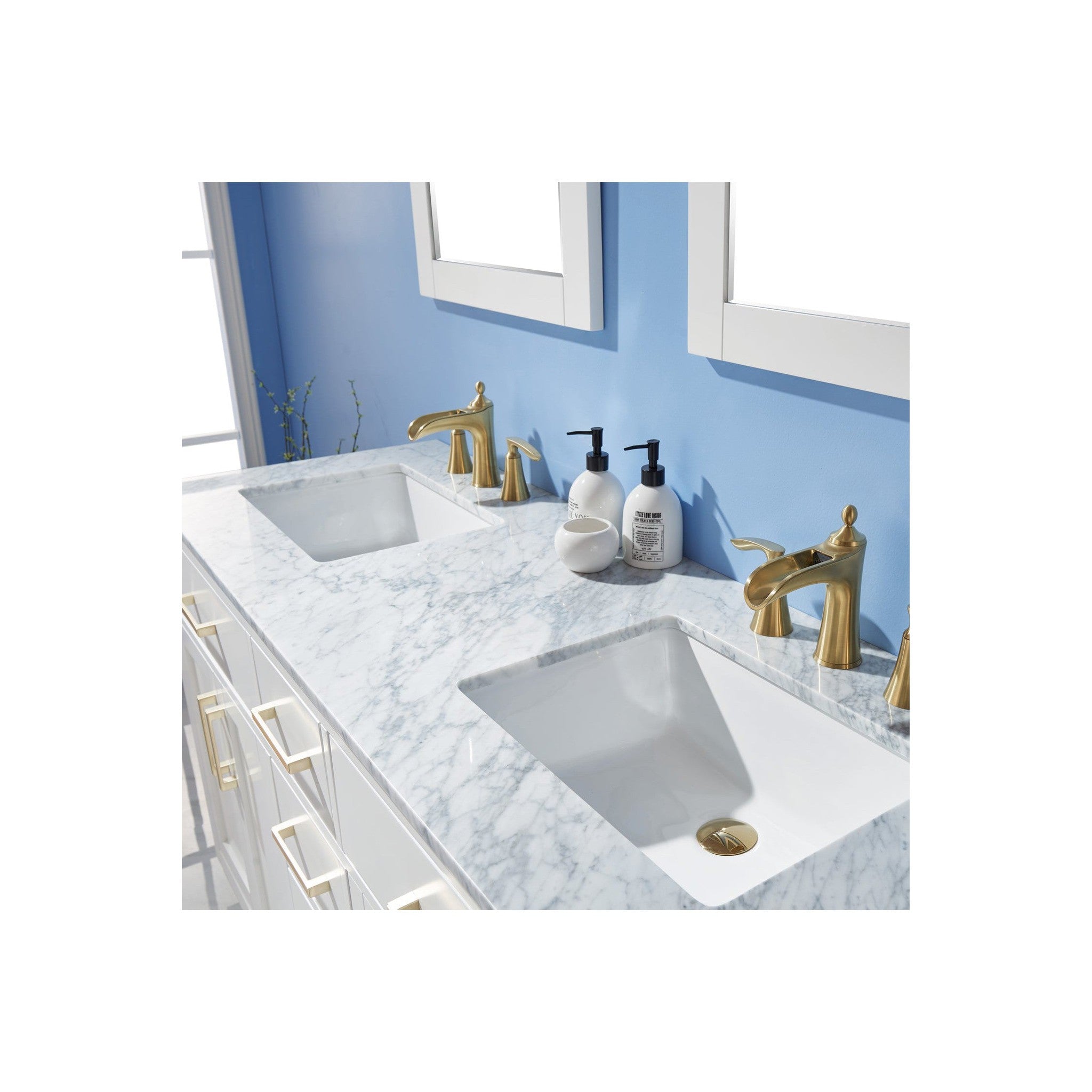 Ivy 60" Double Bathroom Vanity Set in White and Carrara White Marble Countertop with Mirror