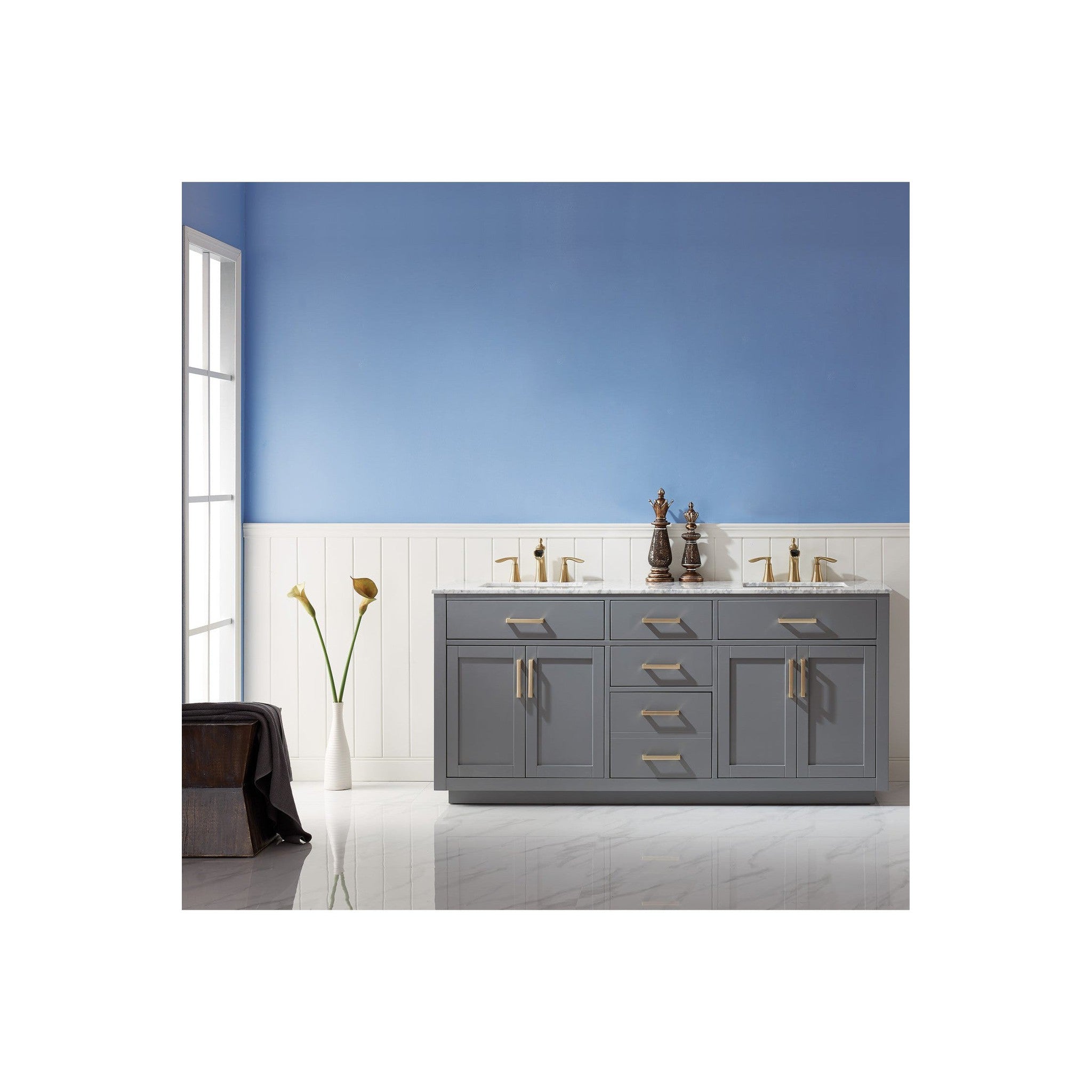 Ivy 72" Double Bathroom Vanity Set in Gray and Carrara White Marble Countertop without Mirror