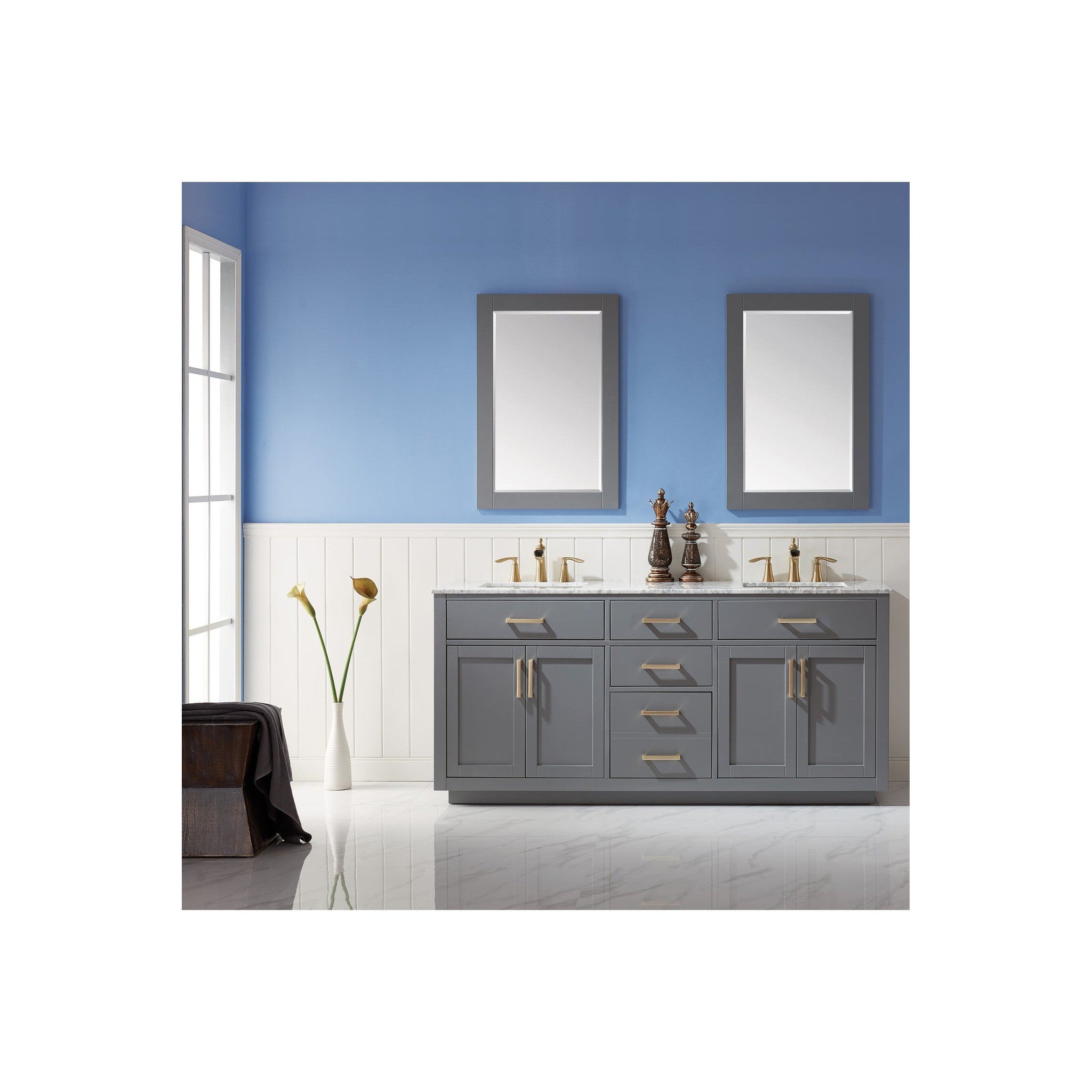 Ivy 72" Double Bathroom Vanity Set in Gray and Carrara White Marble Countertop with Mirror