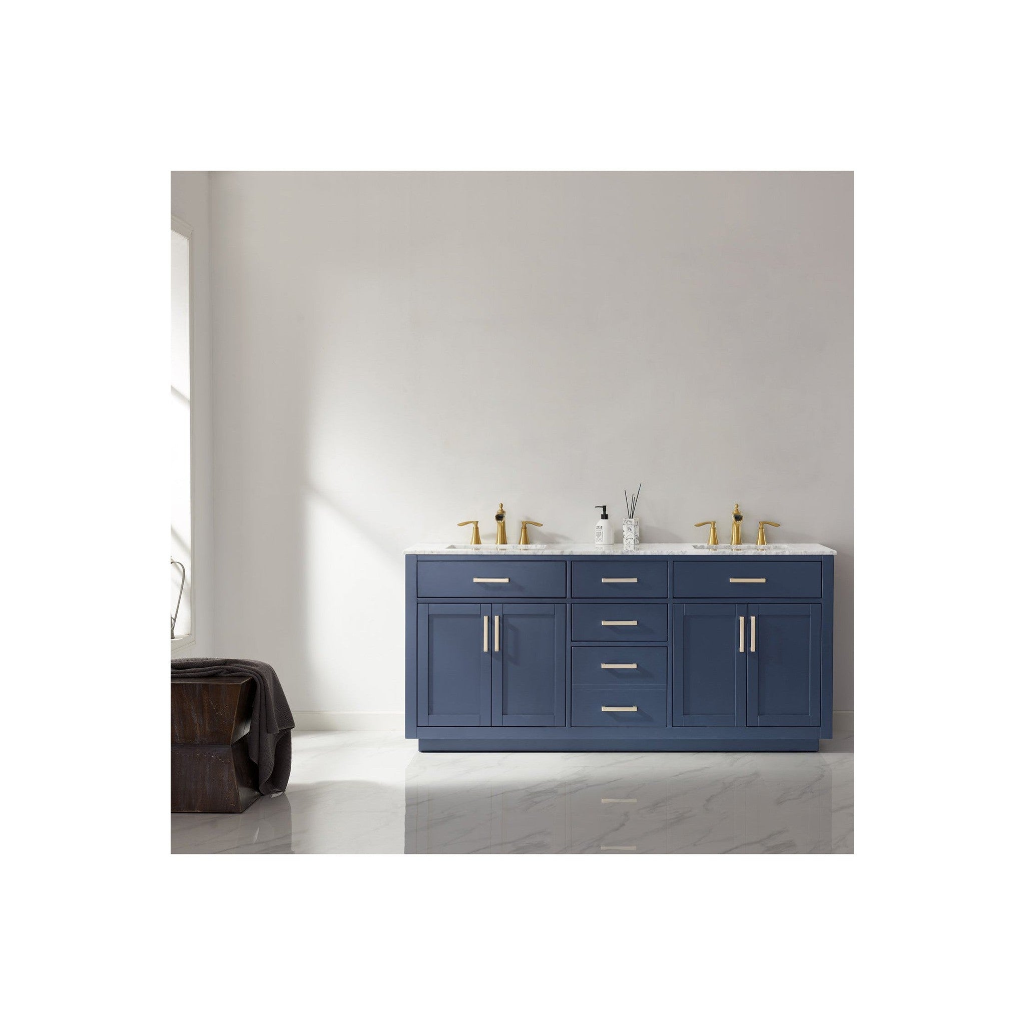 Ivy 72" Double Bathroom Vanity Set in Royal Blue and Carrara White Marble Countertop without Mirror