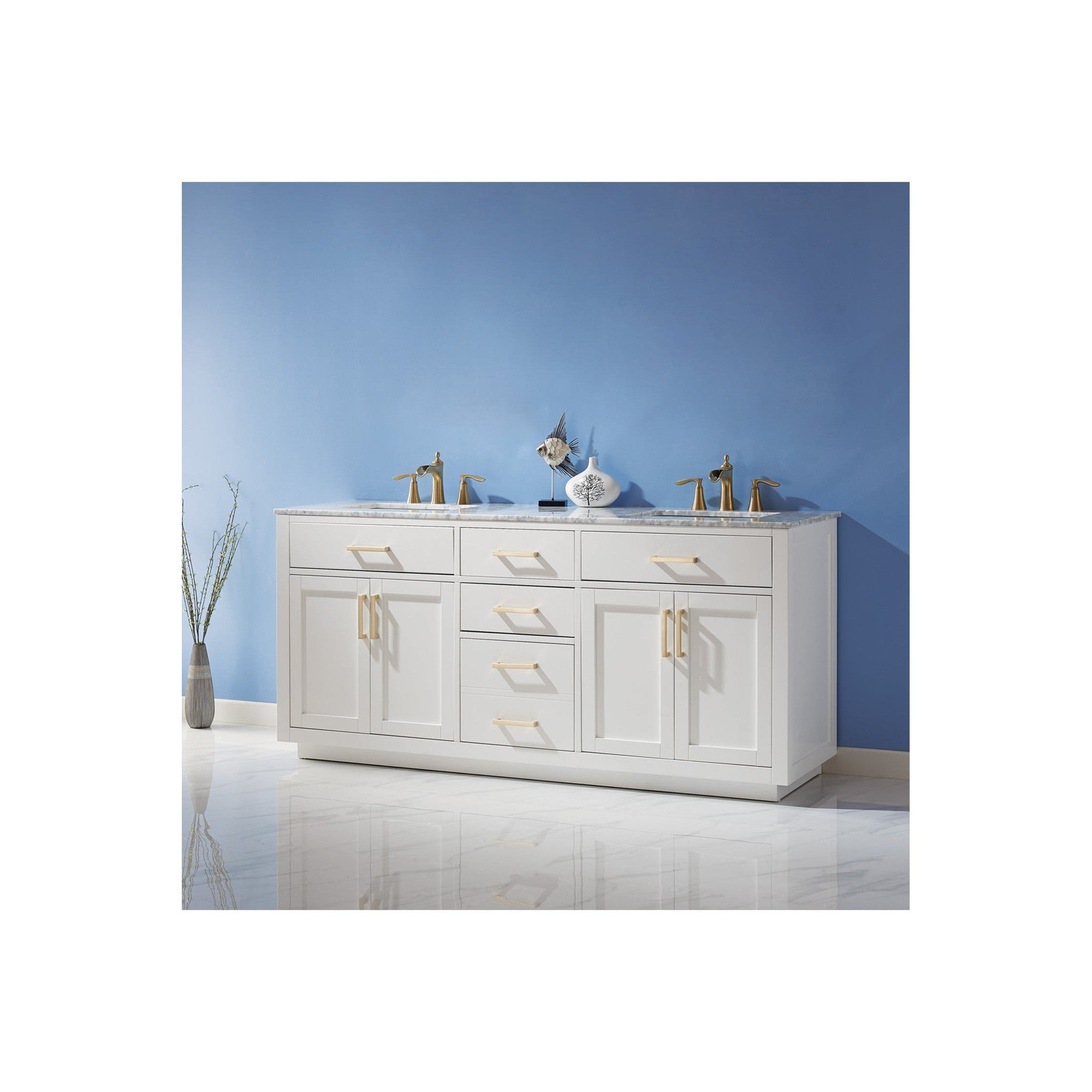 Ivy 72" Double Bathroom Vanity Set in White and Carrara White Marble Countertop without Mirror