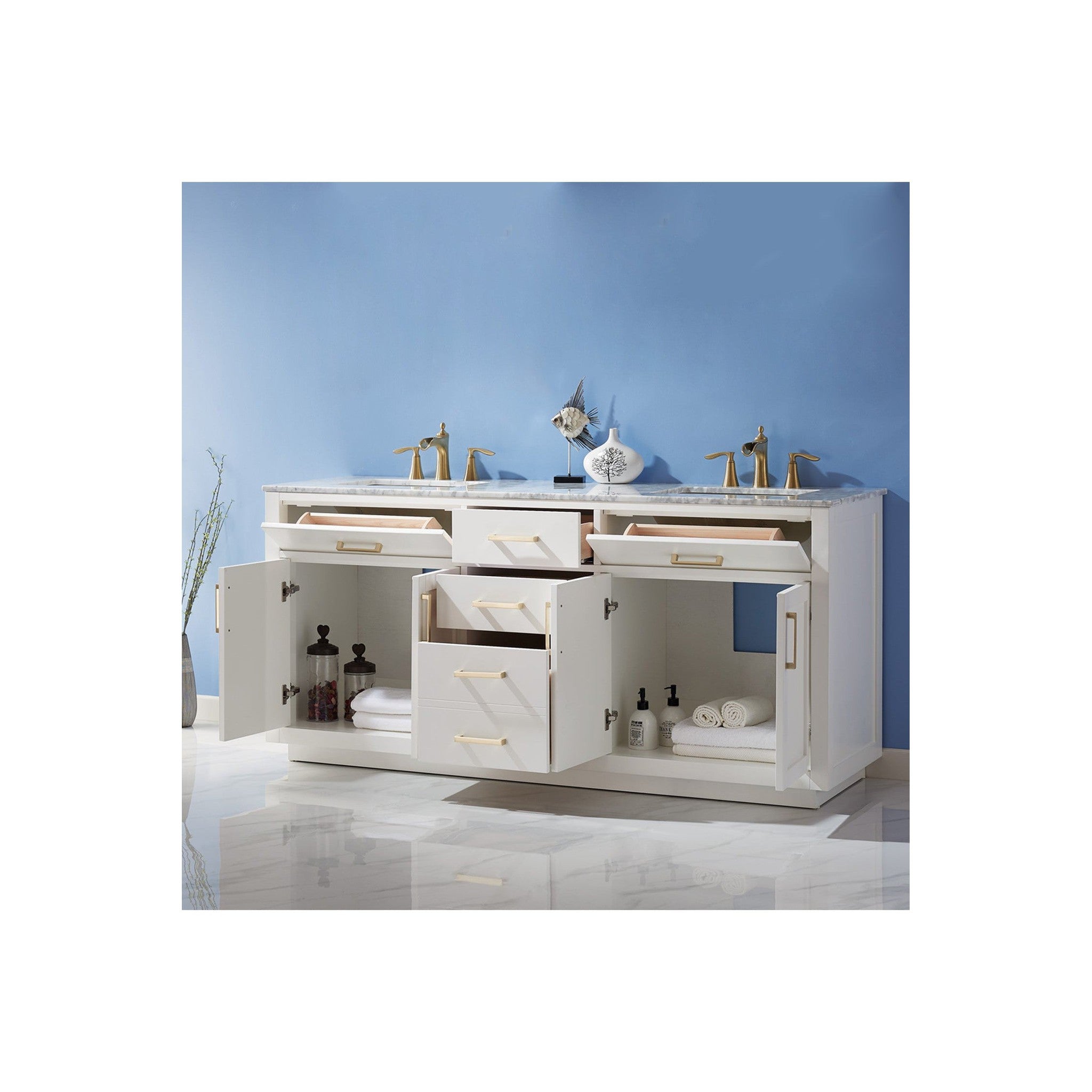 Ivy 72" Double Bathroom Vanity Set in White and Carrara White Marble Countertop without Mirror