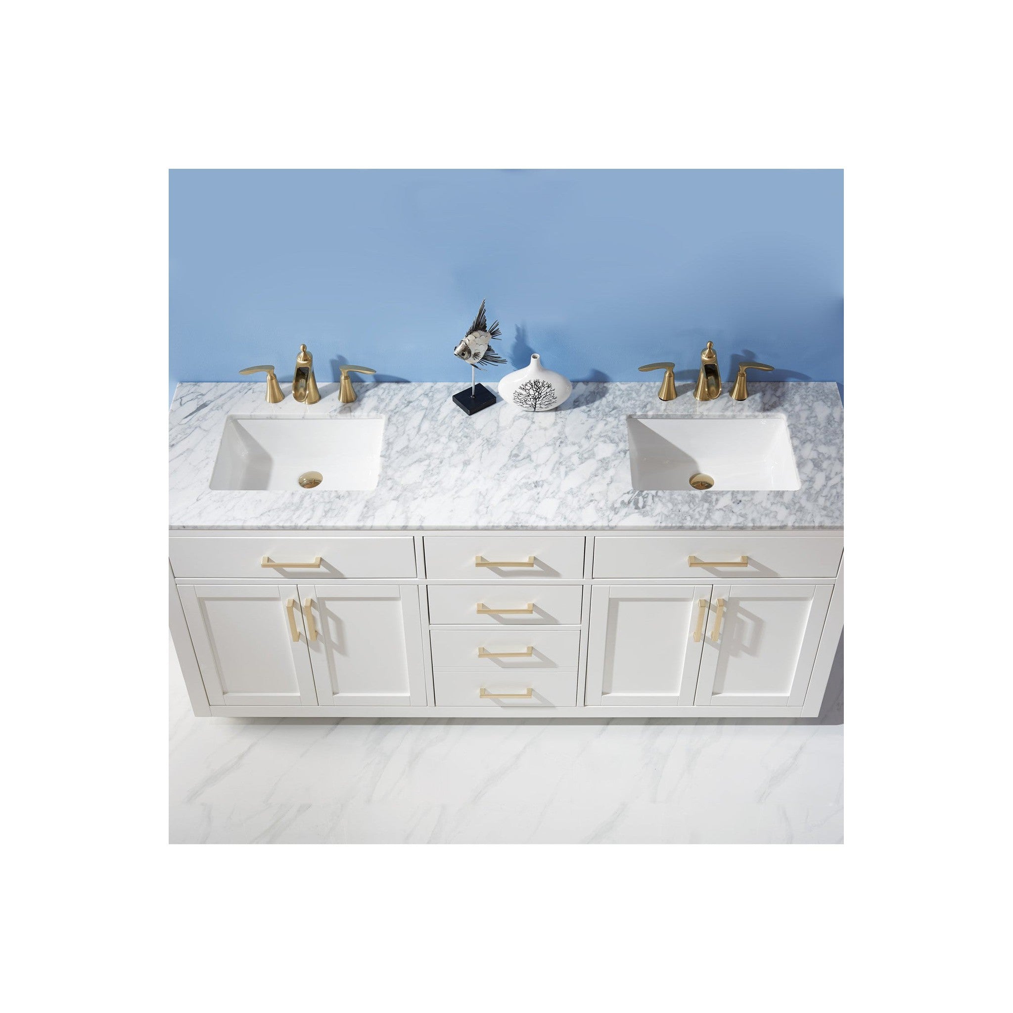 Ivy 72" Double Bathroom Vanity Set in White and Carrara White Marble Countertop without Mirror