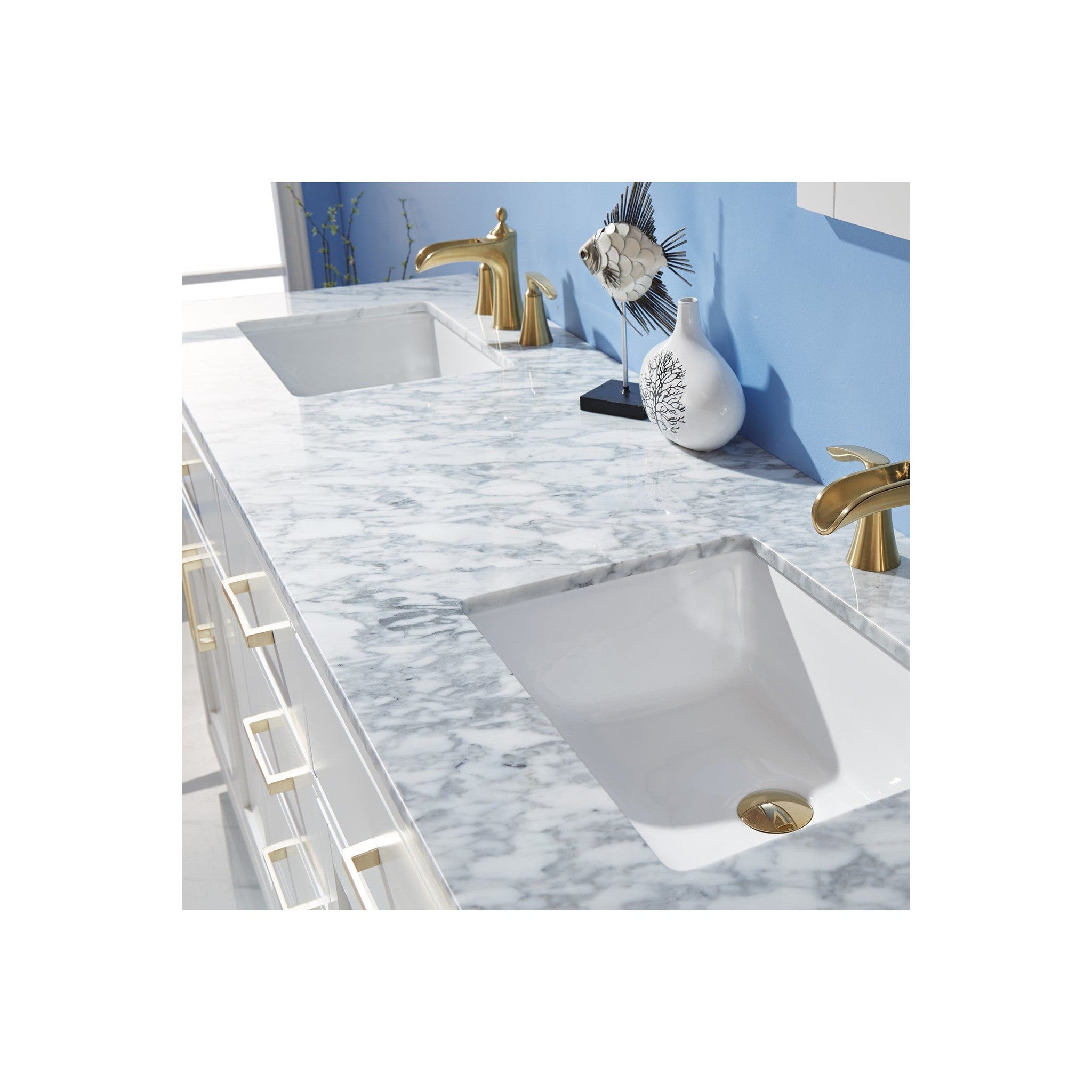 Ivy 72" Double Bathroom Vanity Set in White and Carrara White Marble Countertop without Mirror