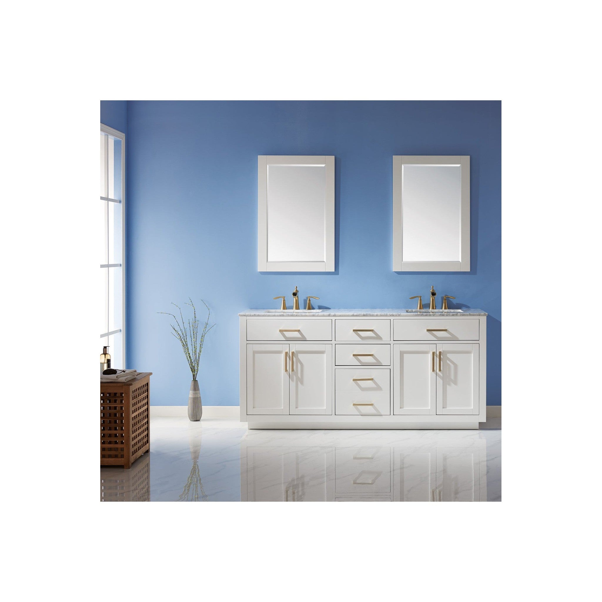 Ivy 72" Double Bathroom Vanity Set in White and Carrara White Marble Countertop with Mirror