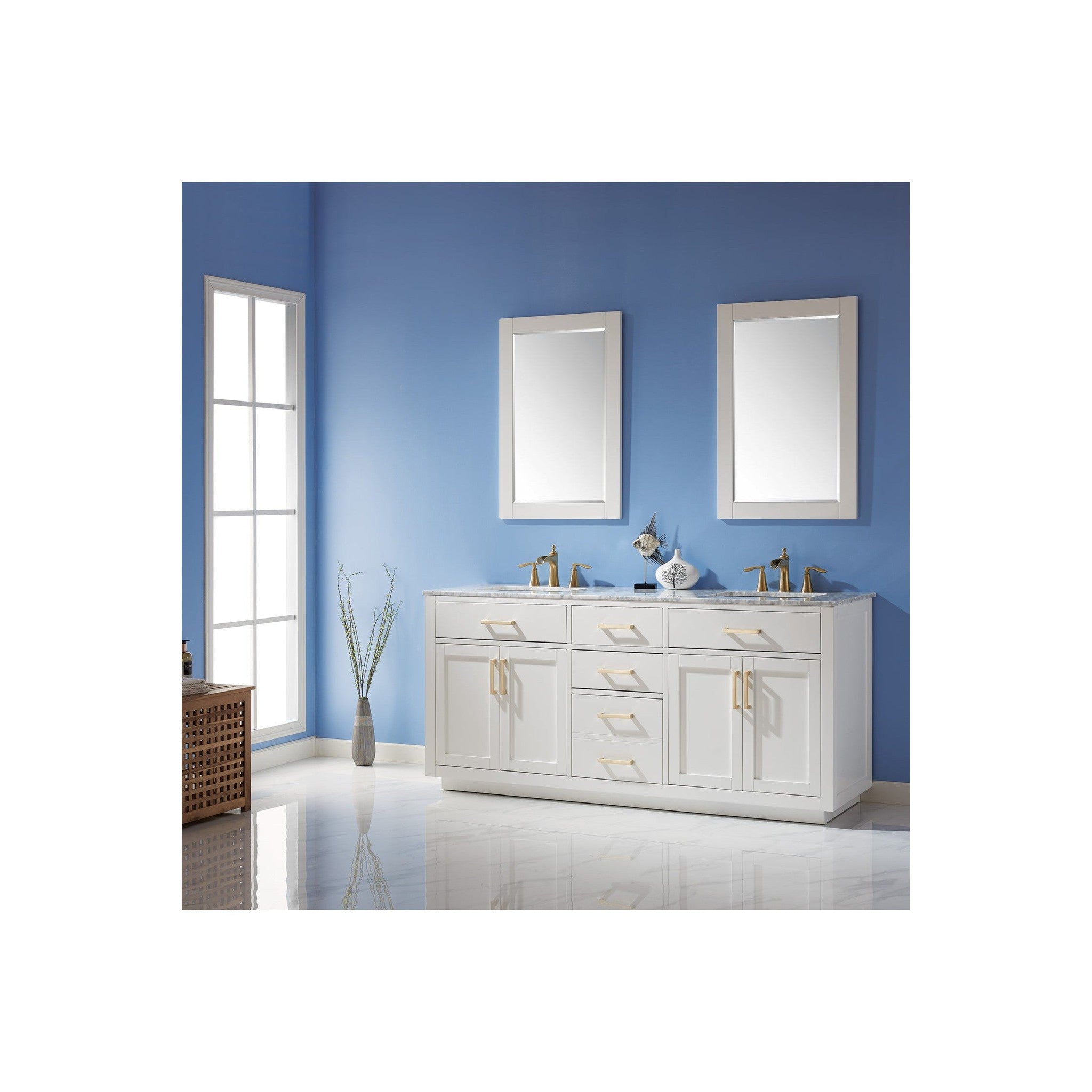 Ivy 72" Double Bathroom Vanity Set in White and Carrara White Marble Countertop with Mirror