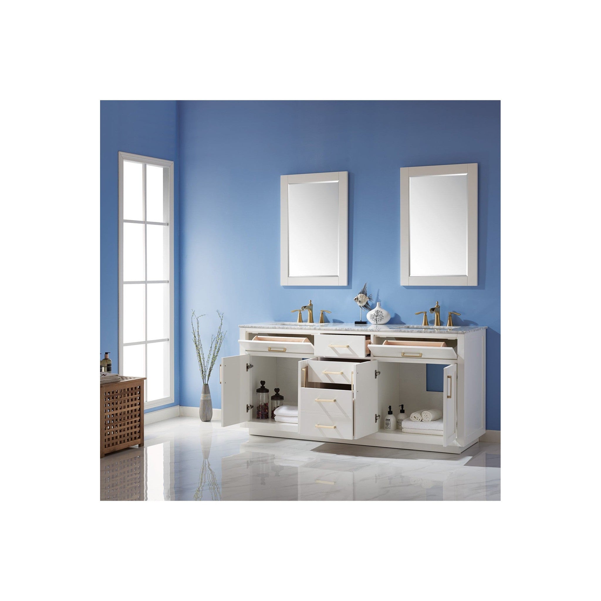 Ivy 72" Double Bathroom Vanity Set in White and Carrara White Marble Countertop with Mirror