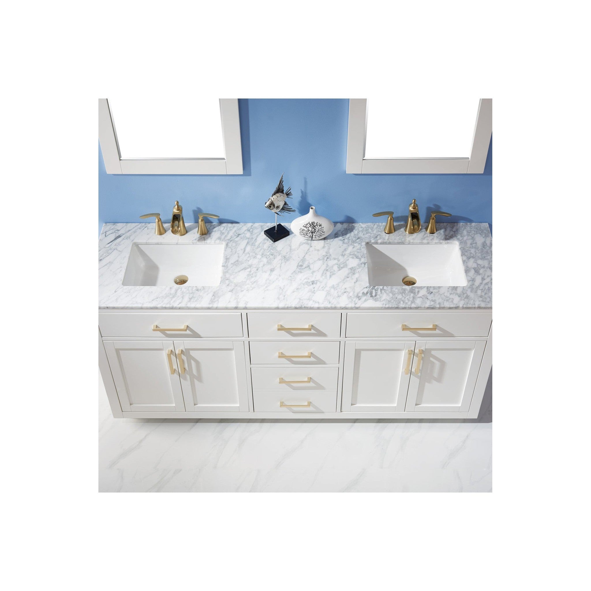 Ivy 72" Double Bathroom Vanity Set in White and Carrara White Marble Countertop with Mirror