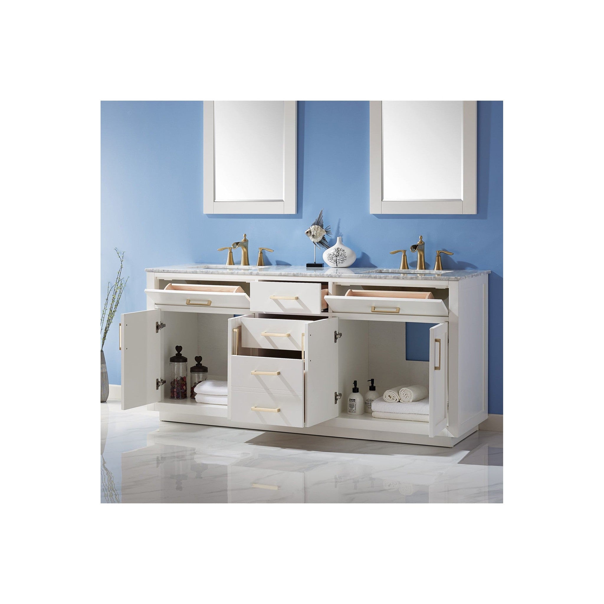 Ivy 72" Double Bathroom Vanity Set in White and Carrara White Marble Countertop with Mirror