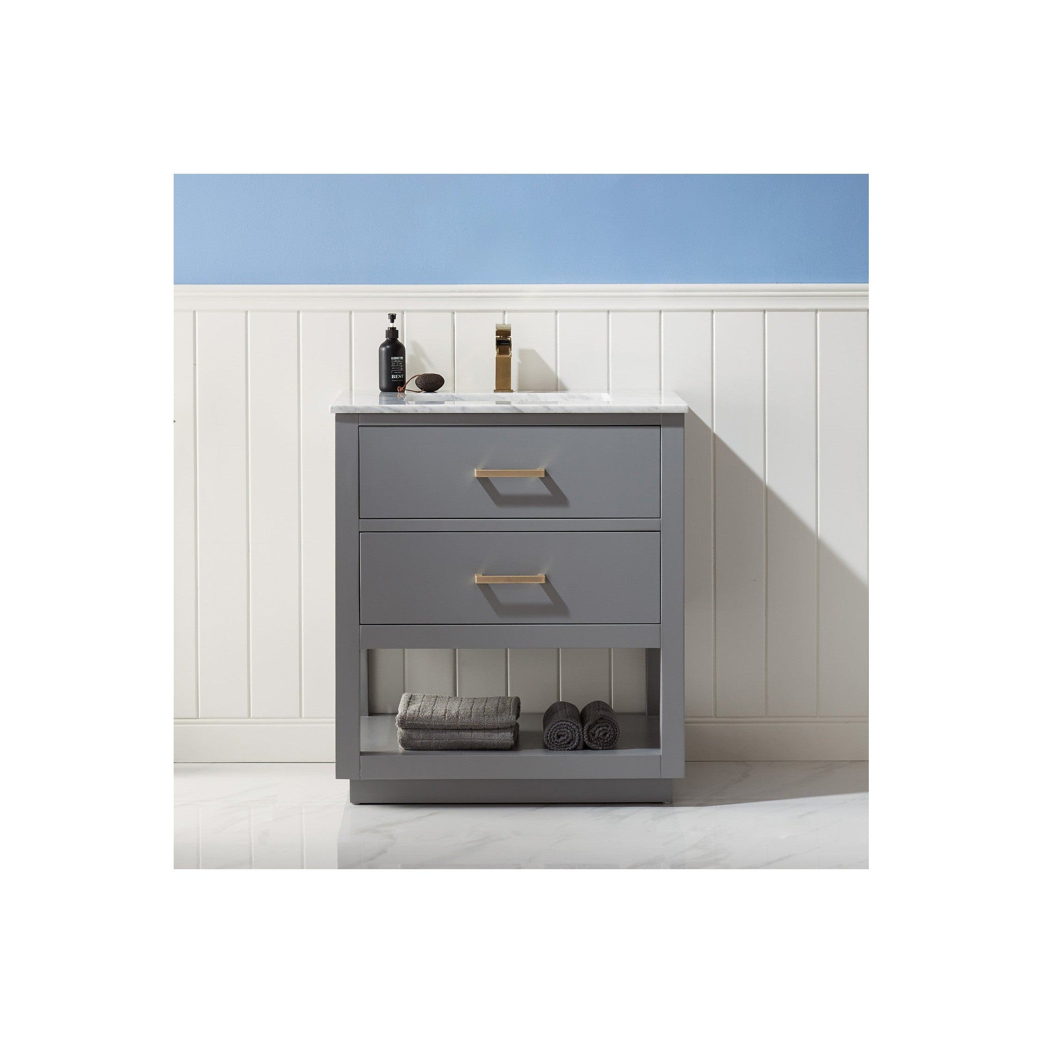 Remi 30" Single Bathroom Vanity Set in Gray and Carrara White Marble Countertop without Mirror