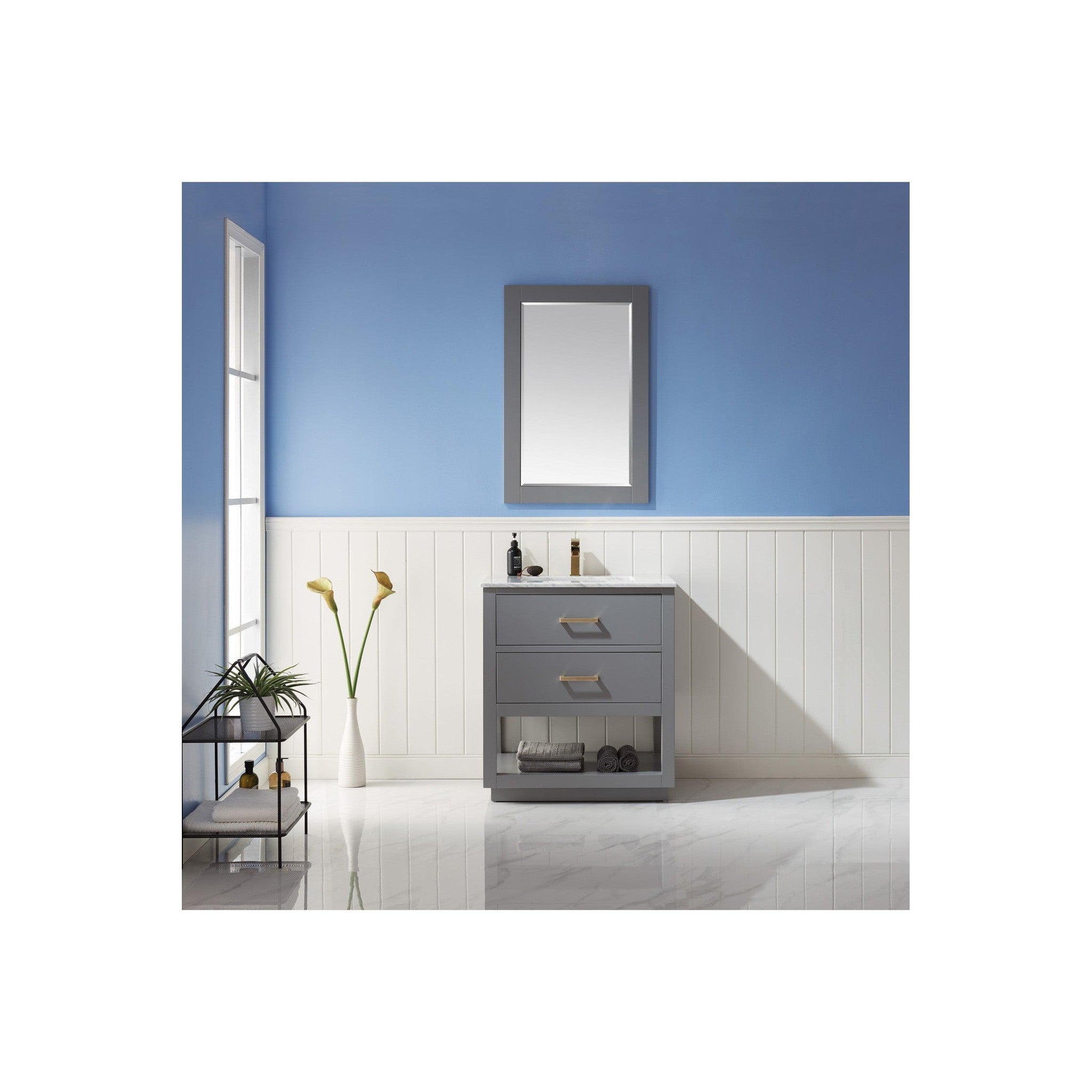 Remi 30" Single Bathroom Vanity Set in Gray and Carrara White Marble Countertop with Mirror