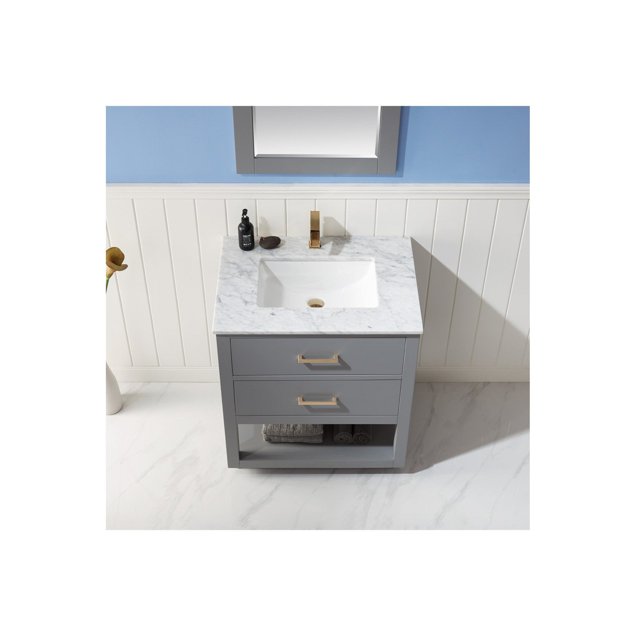 Remi 30" Single Bathroom Vanity Set in Gray and Carrara White Marble Countertop with Mirror