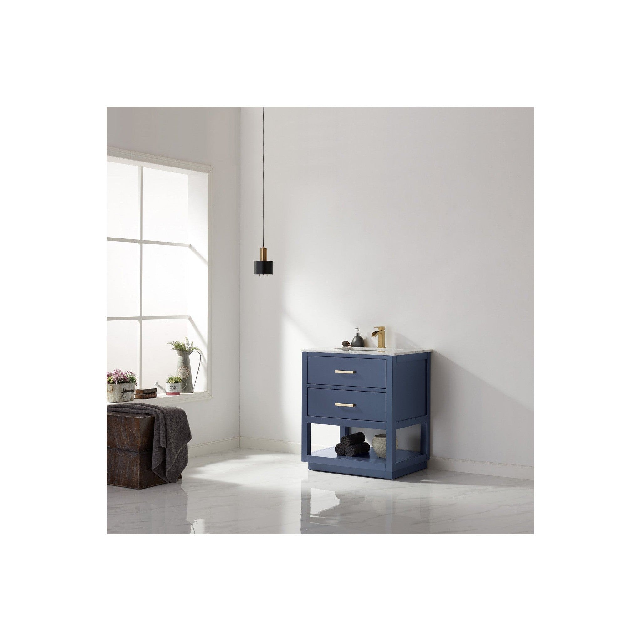 Remi 30" Single Bathroom Vanity Set in Royal Blue and Carrara White Marble Countertop without Mirror