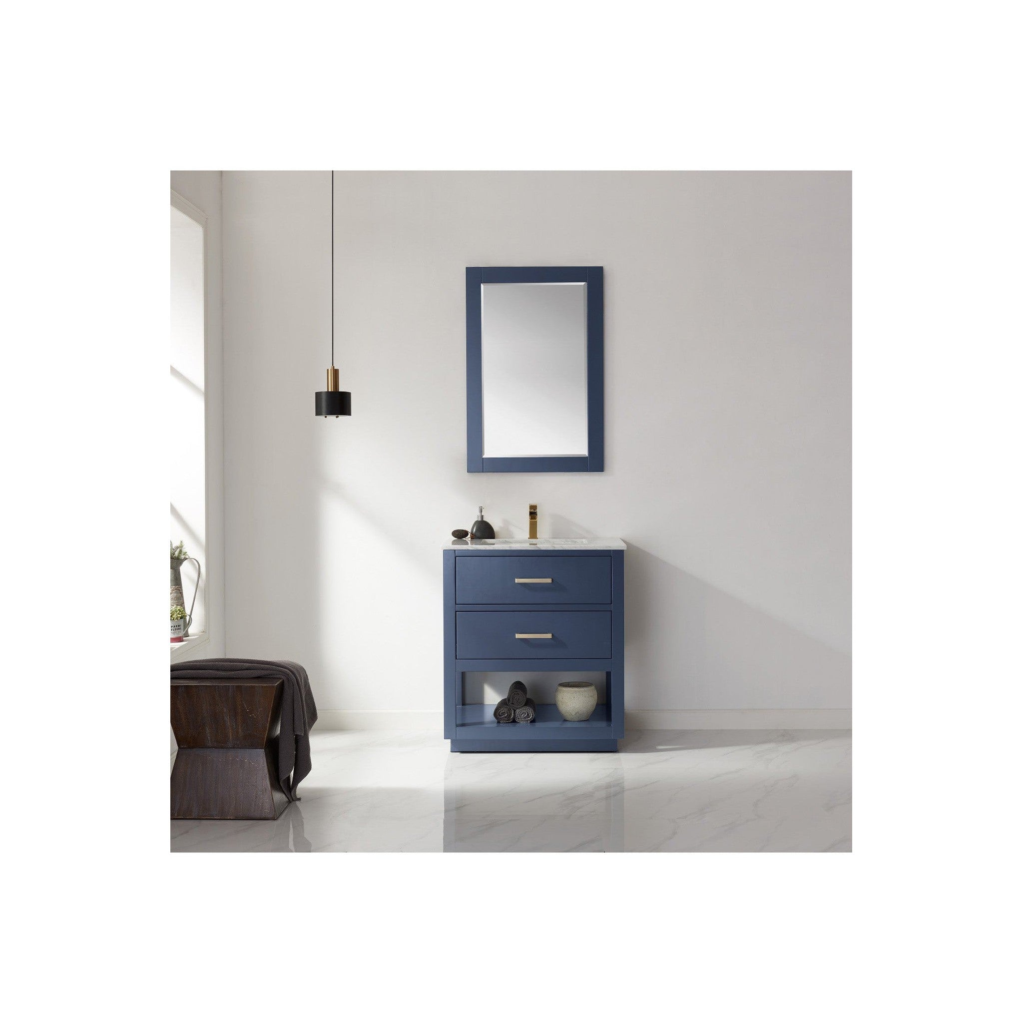 Remi 30" Single Bathroom Vanity Set in Royal Blue and Carrara White Marble Countertop with Mirror