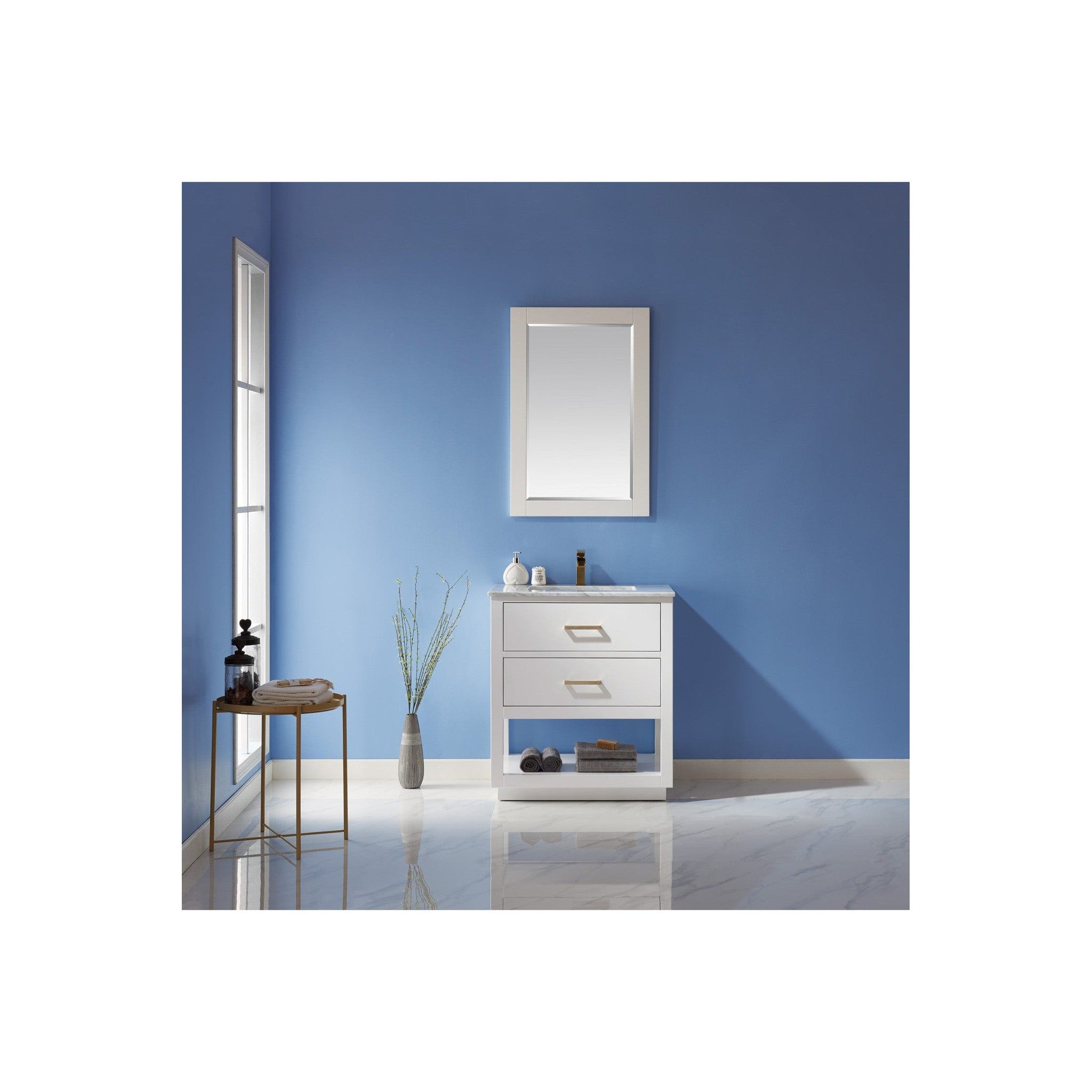 Remi 30" Single Bathroom Vanity Set in White and Carrara White Marble Countertop with Mirror