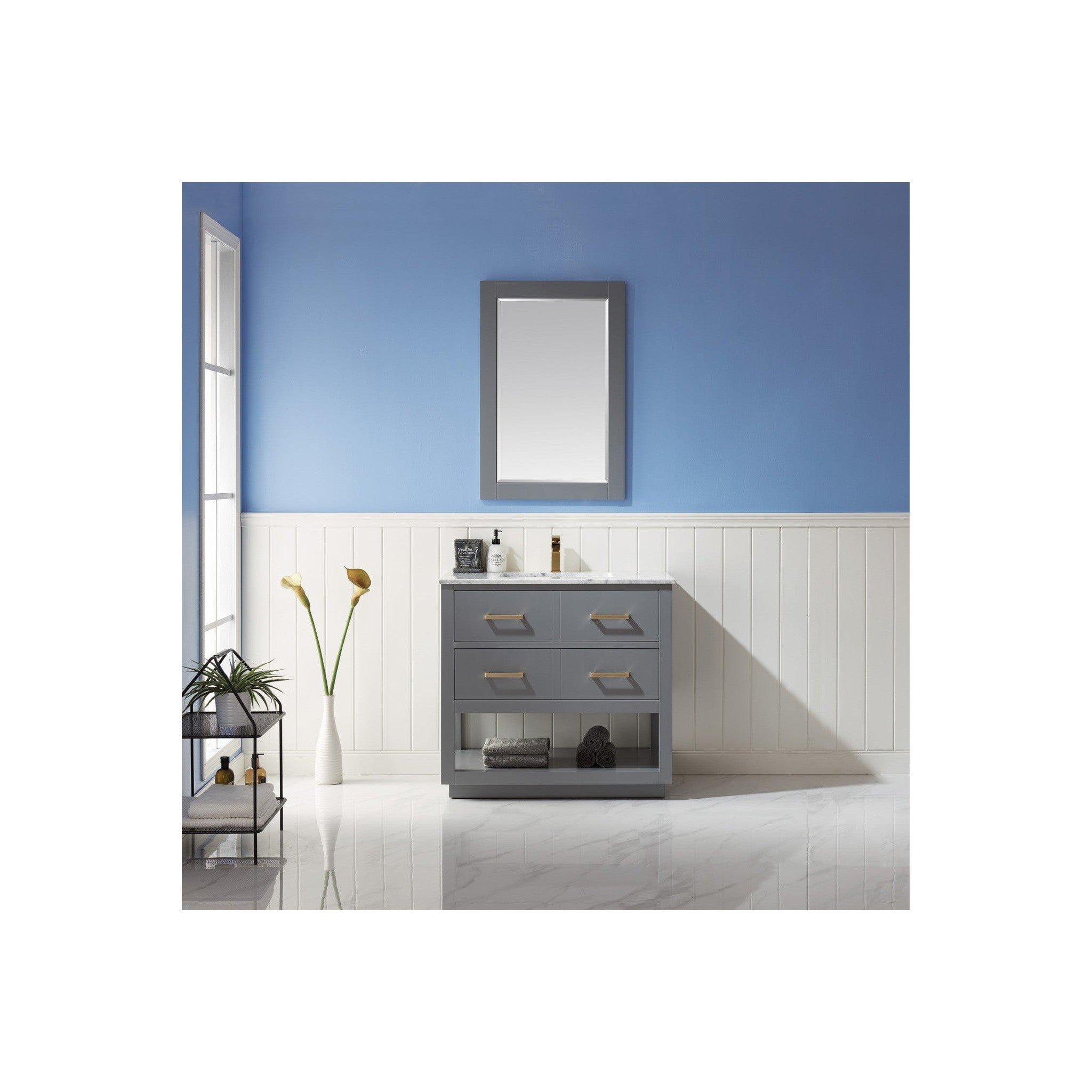 Remi 36" Single Bathroom Vanity Set in Gray and Carrara White Marble Countertop with Mirror