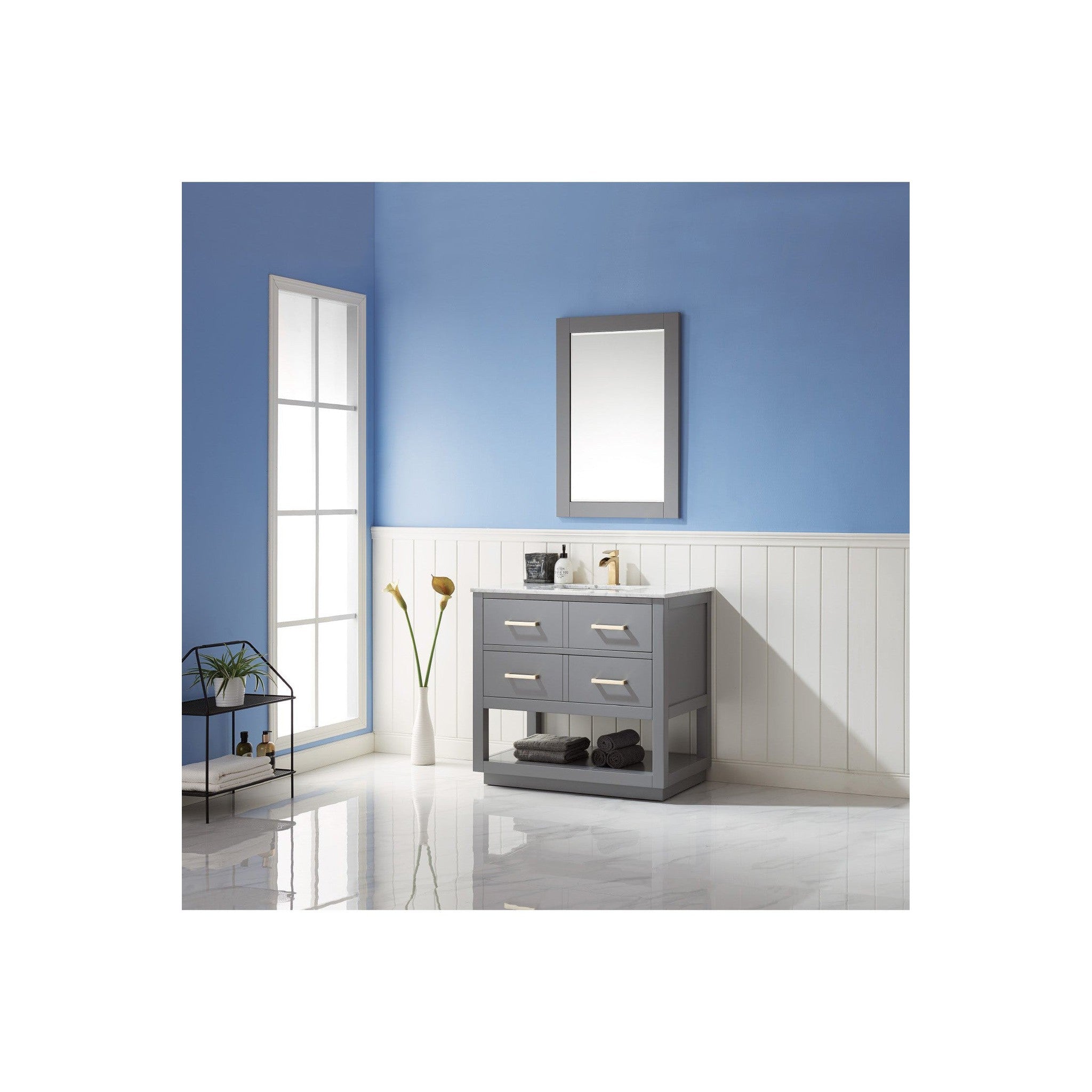 Remi 36" Single Bathroom Vanity Set in Gray and Carrara White Marble Countertop with Mirror