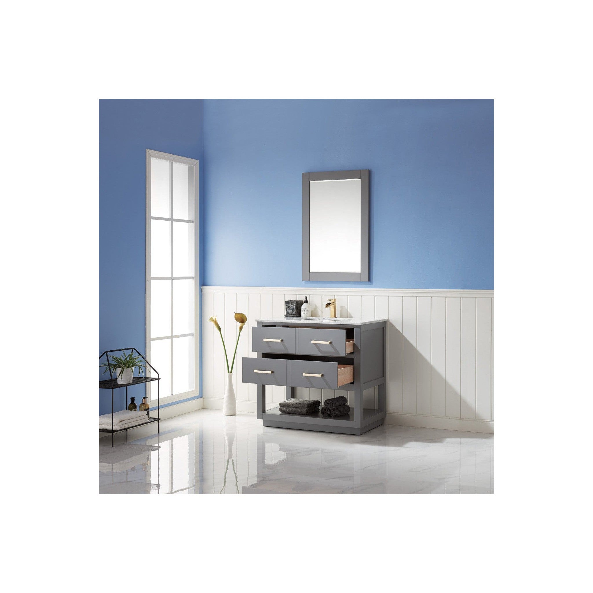 Remi 36" Single Bathroom Vanity Set in Gray and Carrara White Marble Countertop with Mirror