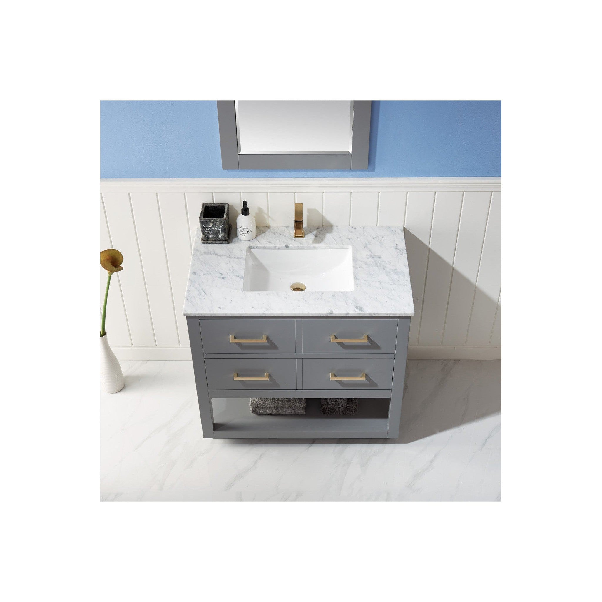 Remi 36" Single Bathroom Vanity Set in Gray and Carrara White Marble Countertop with Mirror