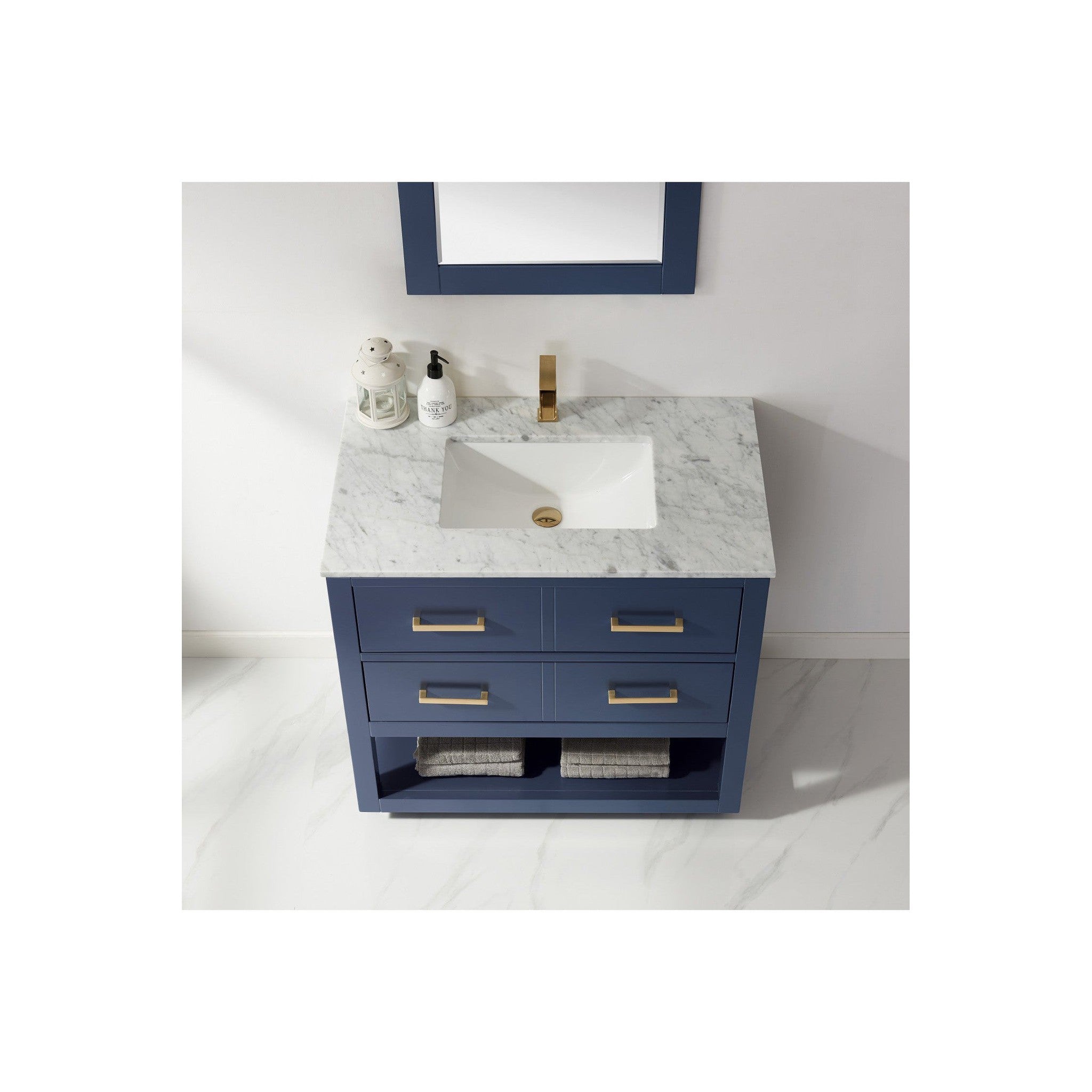 Remi 36" Single Bathroom Vanity Set in Royal Blue and Carrara White Marble Countertop with Mirror