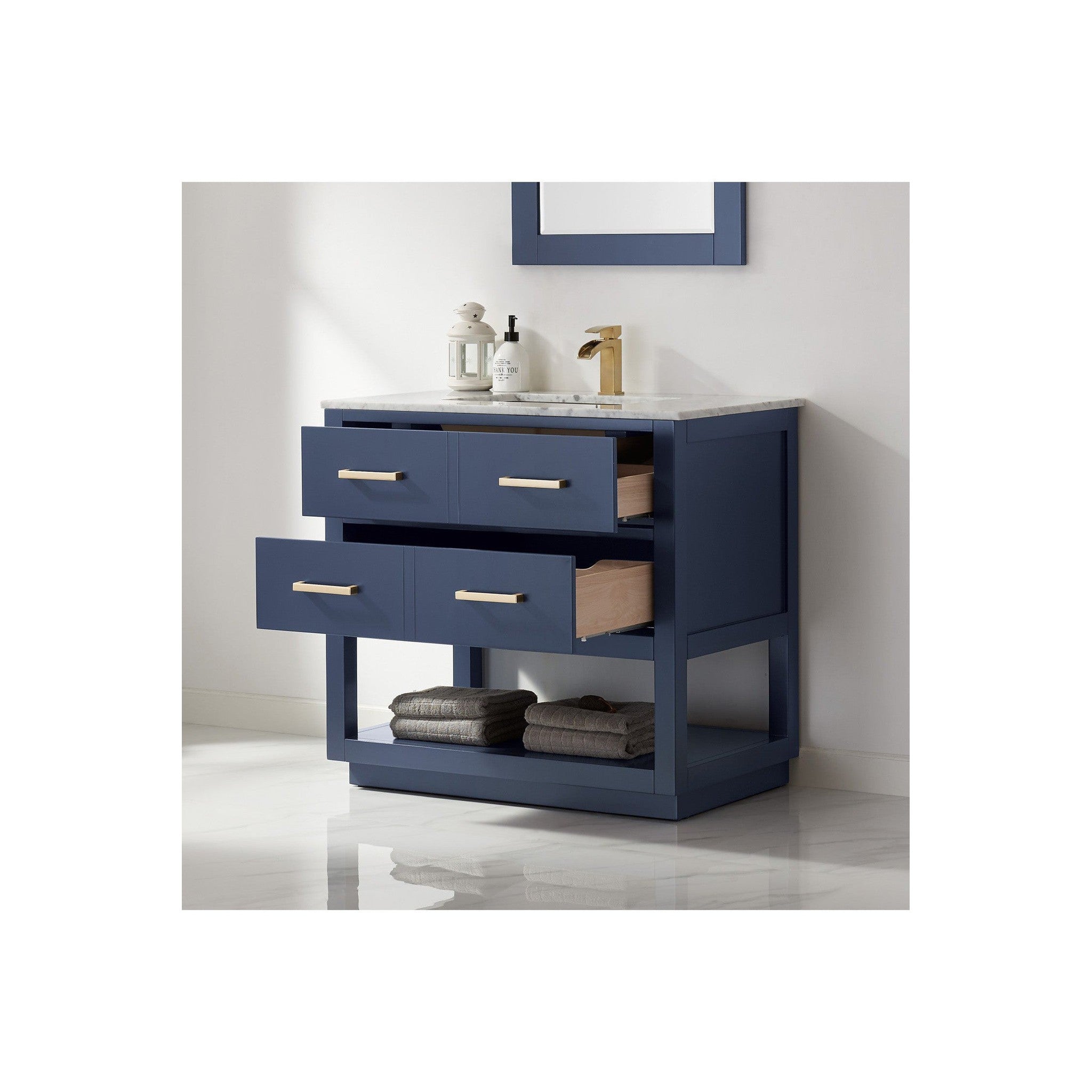 Remi 36" Single Bathroom Vanity Set in Royal Blue and Carrara White Marble Countertop with Mirror