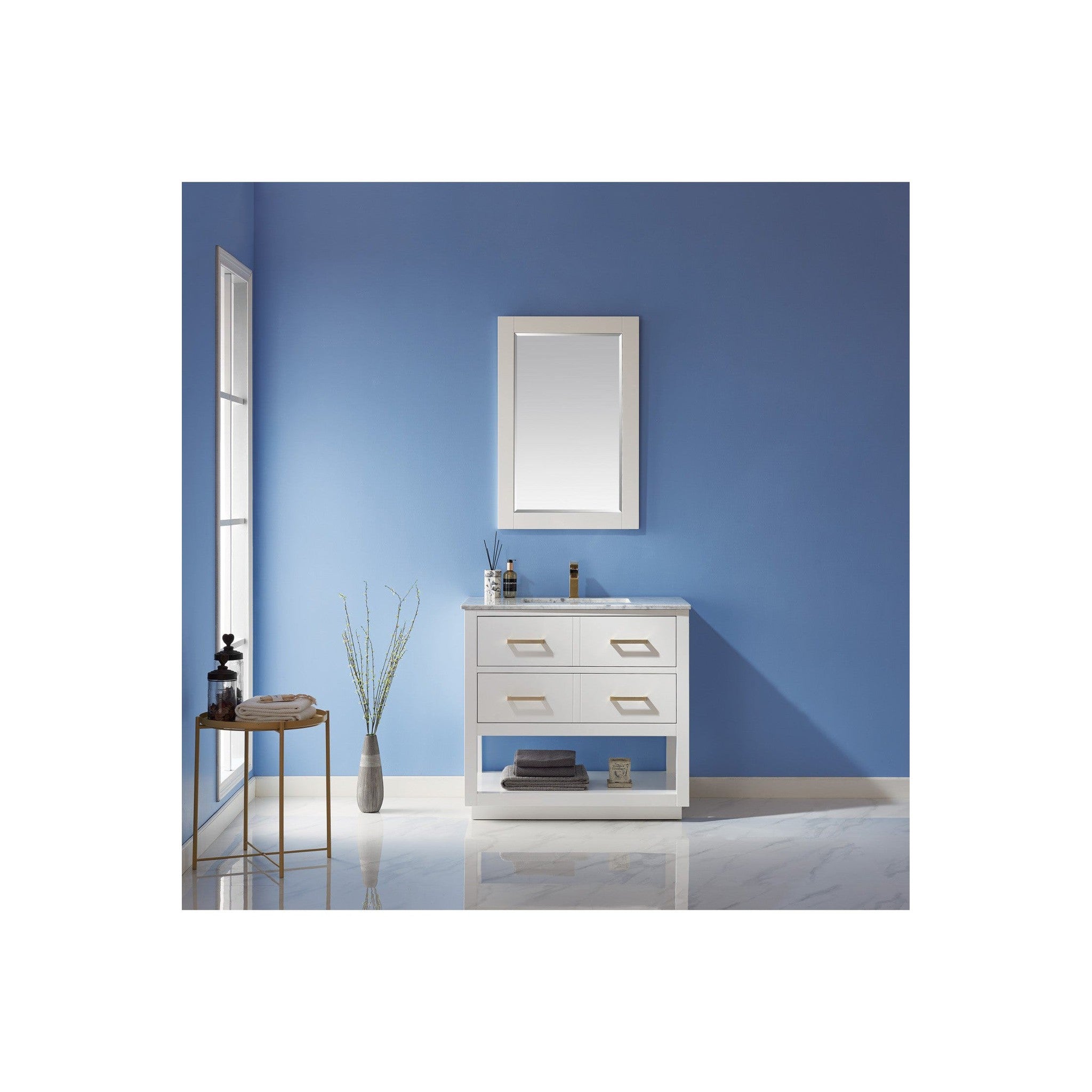 Remi 36" Single Bathroom Vanity Set in White and Carrara White Marble Countertop with Mirror