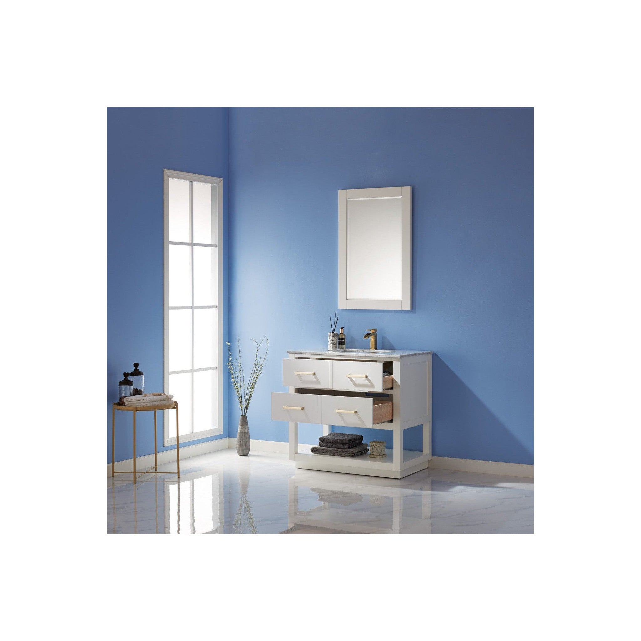 Remi 36" Single Bathroom Vanity Set in White and Carrara White Marble Countertop with Mirror