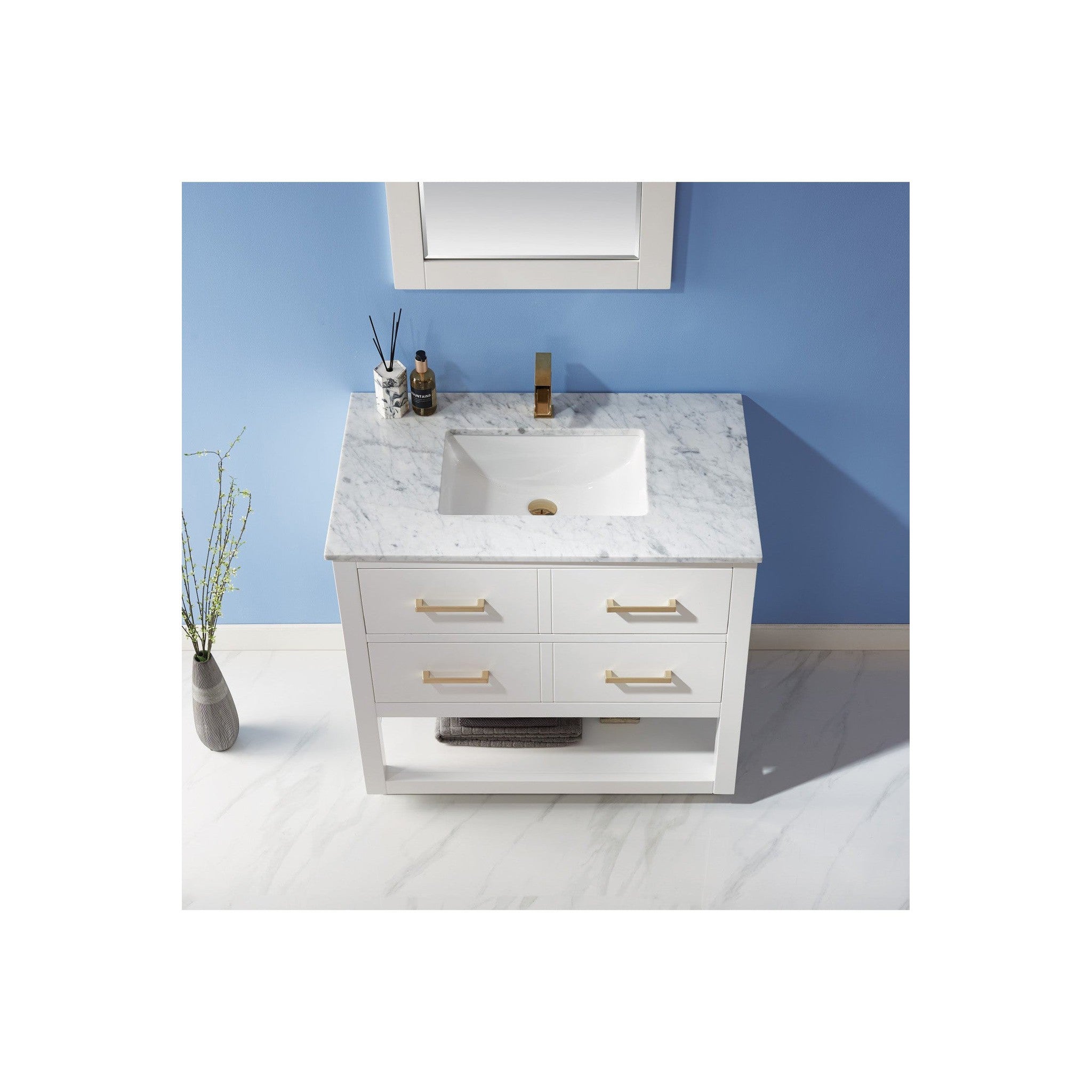 Remi 36" Single Bathroom Vanity Set in White and Carrara White Marble Countertop with Mirror