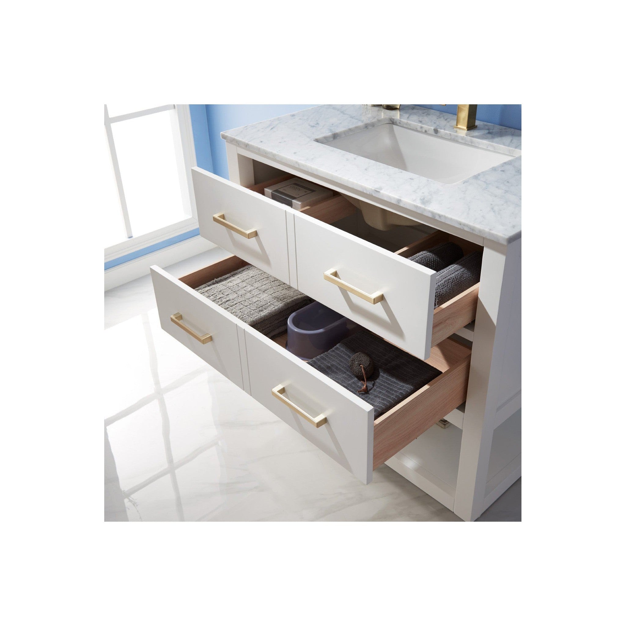 Remi 36" Single Bathroom Vanity Set in White and Carrara White Marble Countertop with Mirror