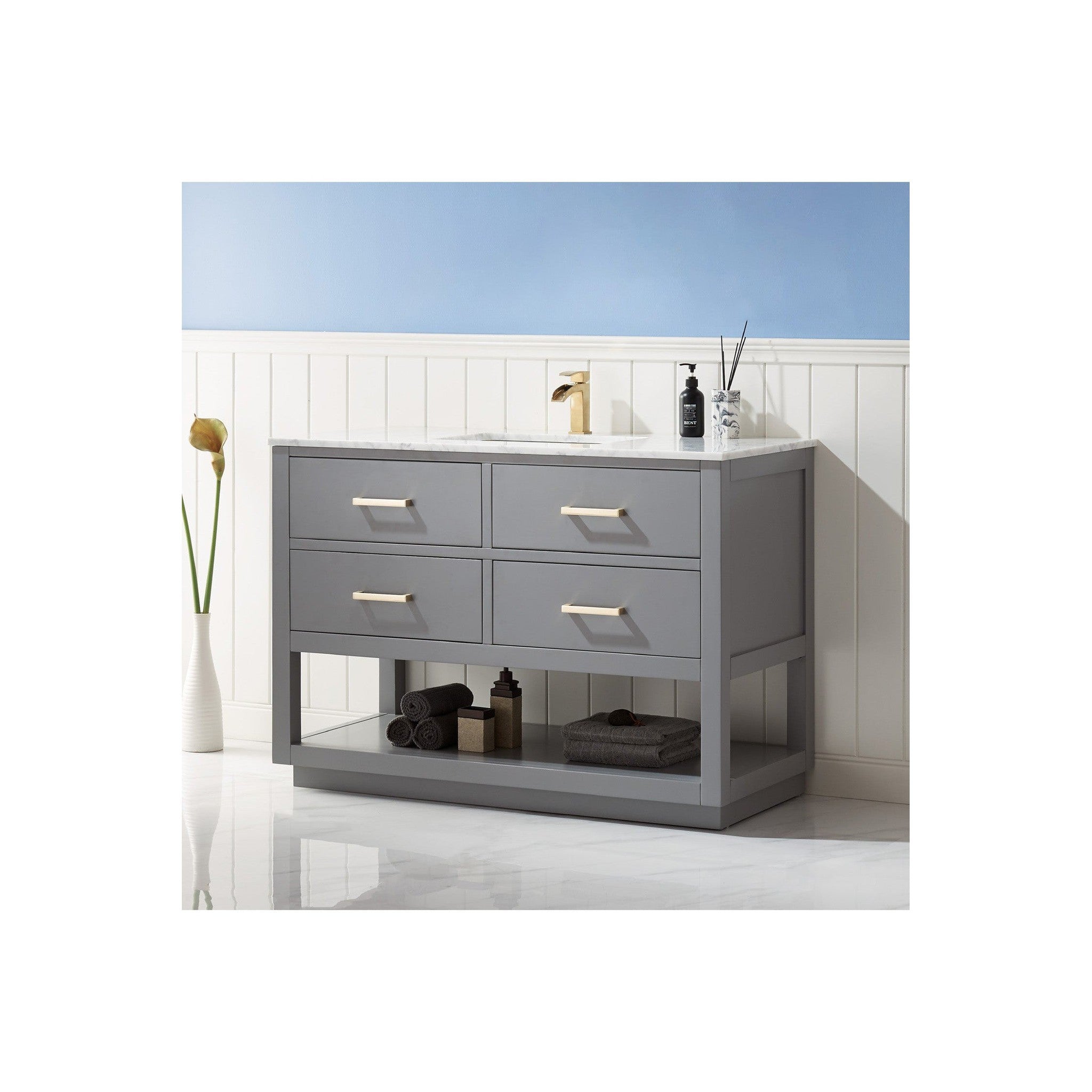 Remi 48" Single Bathroom Vanity Set in Gray and Carrara White Marble Countertop without Mirror