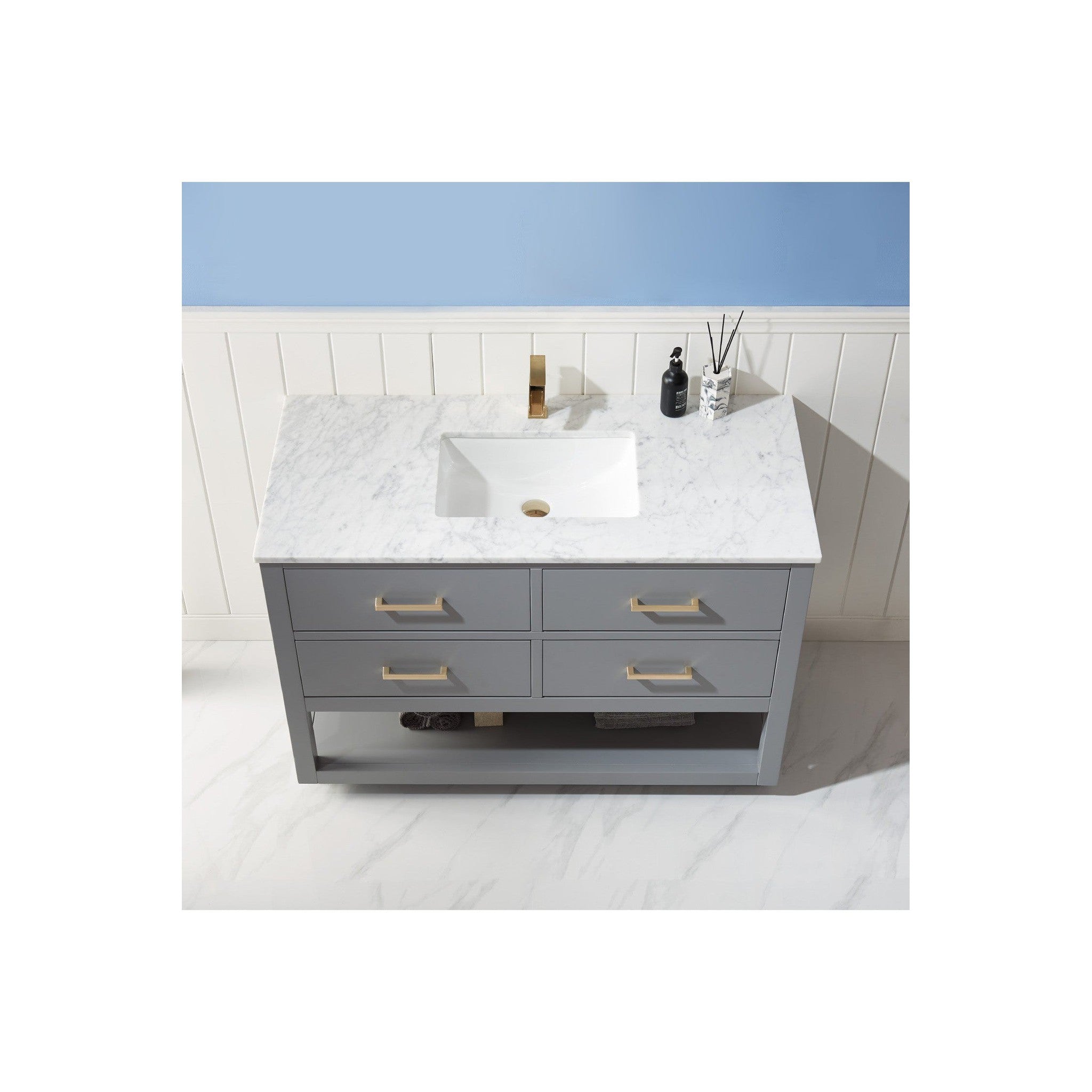 Remi 48" Single Bathroom Vanity Set in Gray and Carrara White Marble Countertop without Mirror