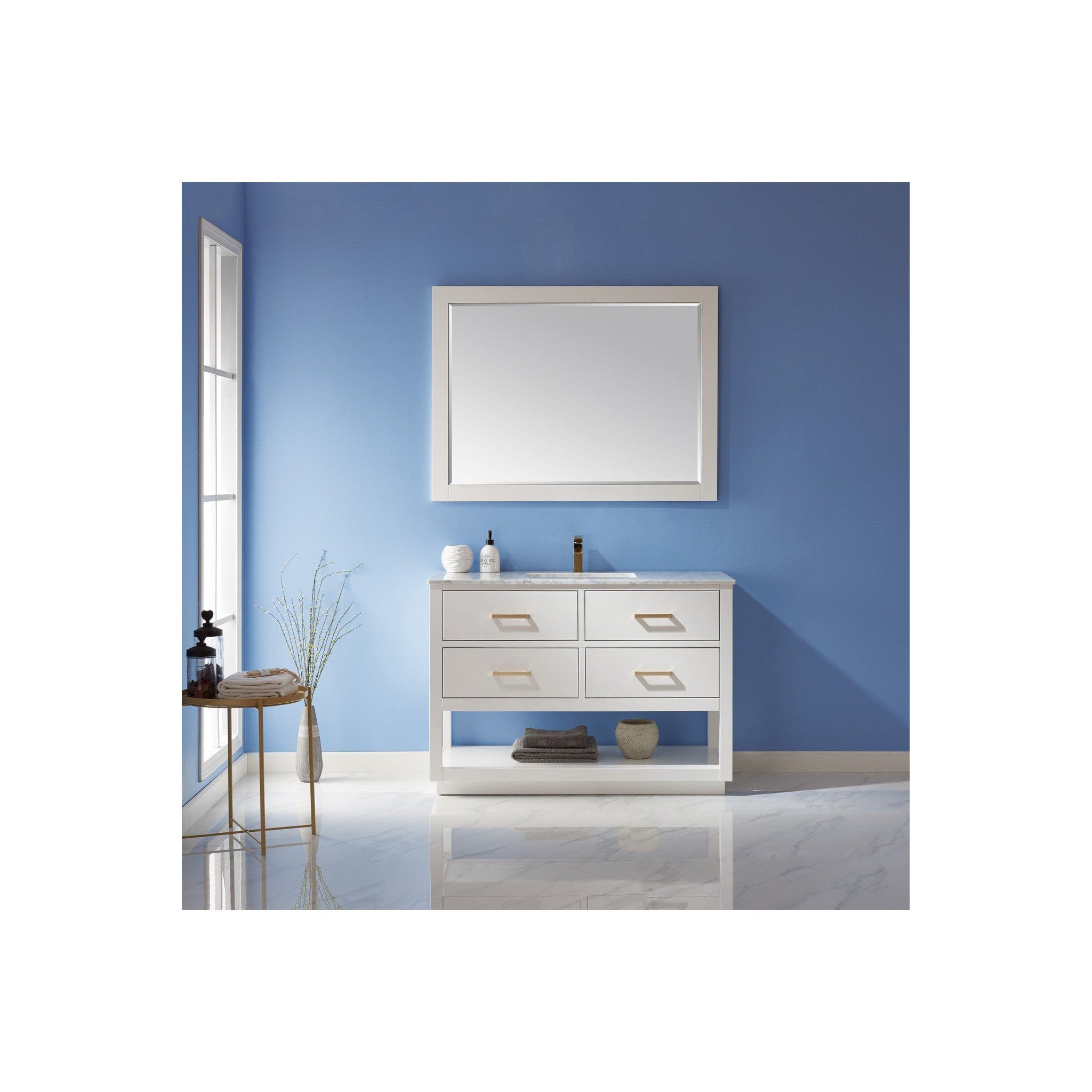 Remi 48" Single Bathroom Vanity Set in White and Carrara White Marble Countertop with Mirror