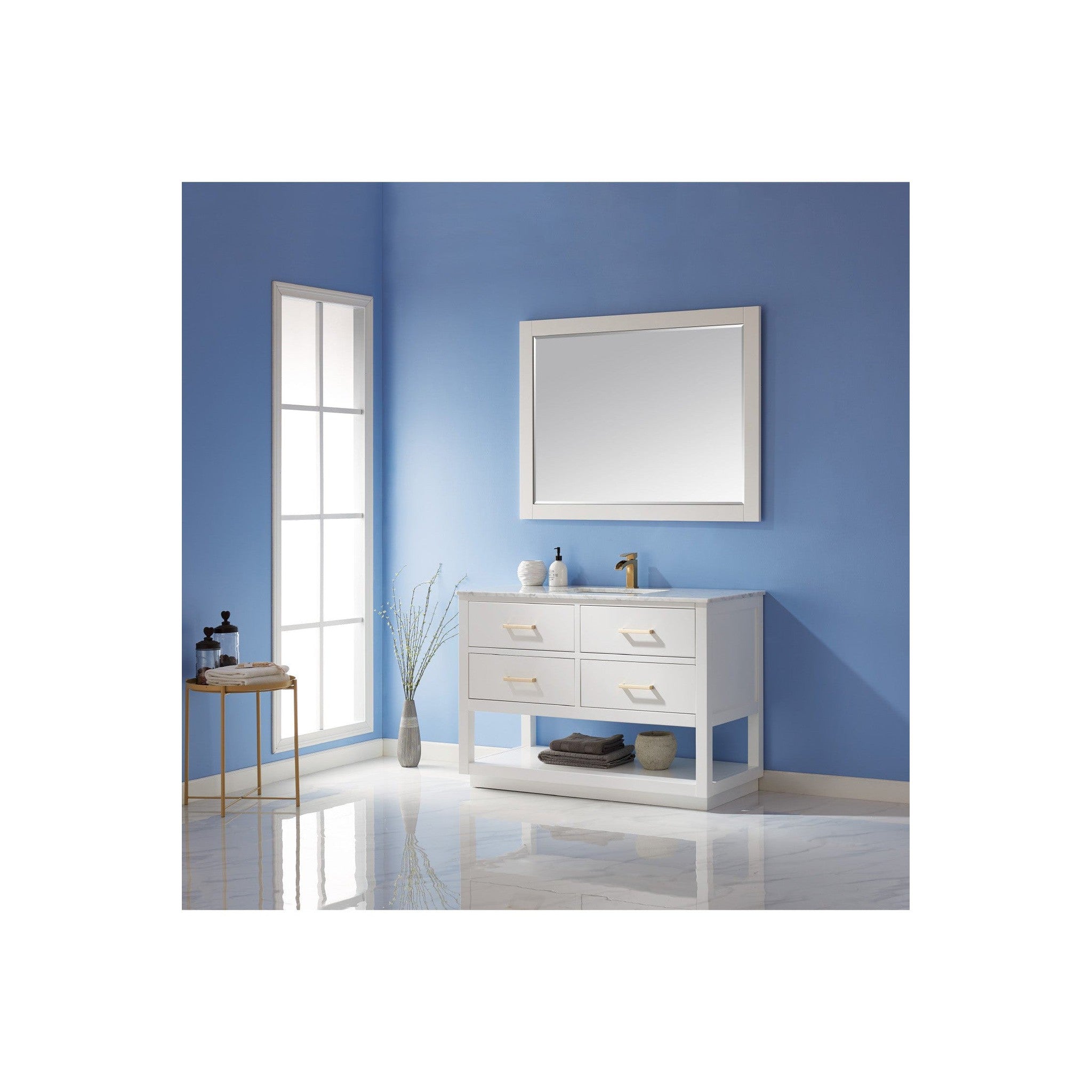 Remi 48" Single Bathroom Vanity Set in White and Carrara White Marble Countertop with Mirror