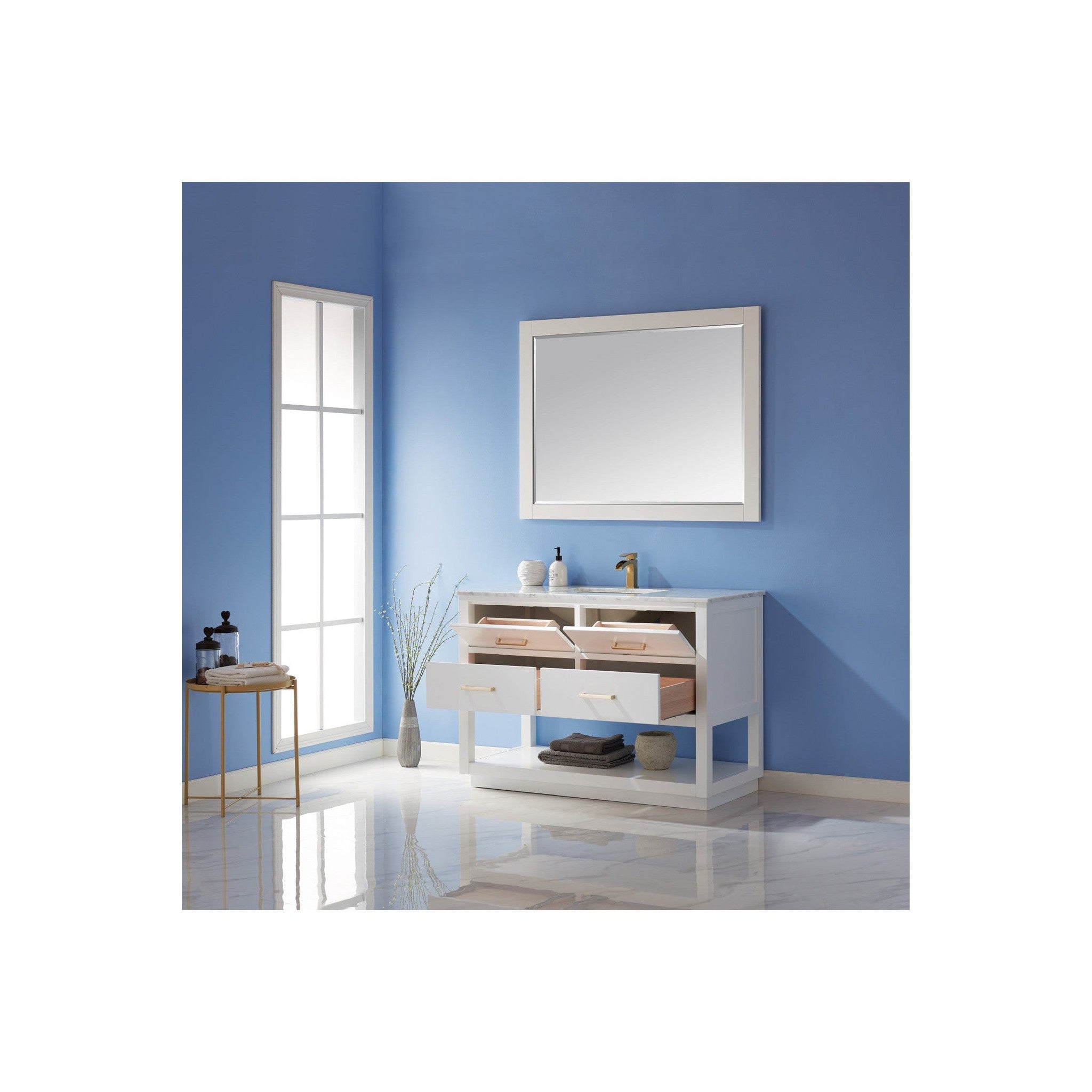 Remi 48" Single Bathroom Vanity Set in White and Carrara White Marble Countertop with Mirror