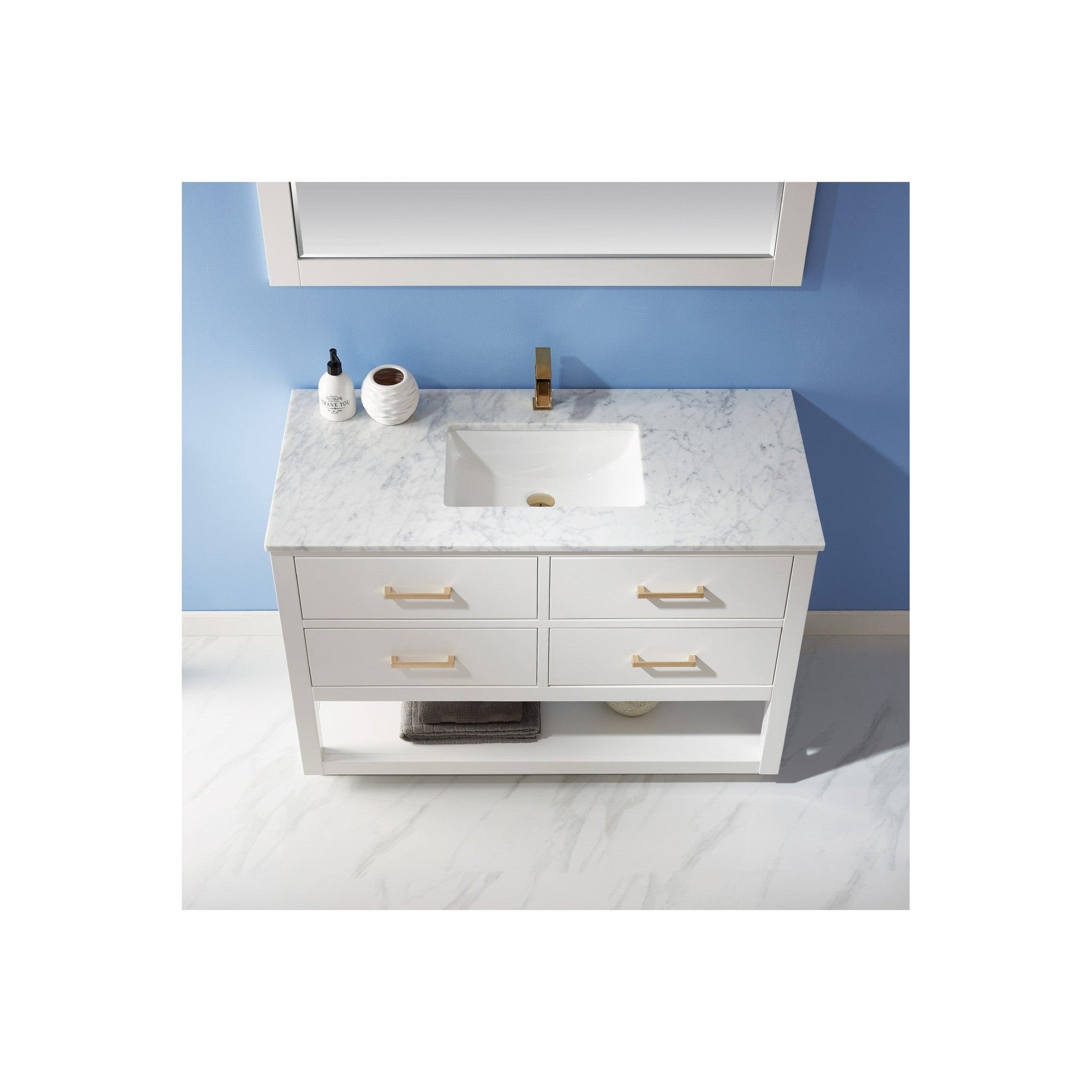 Remi 48" Single Bathroom Vanity Set in White and Carrara White Marble Countertop with Mirror