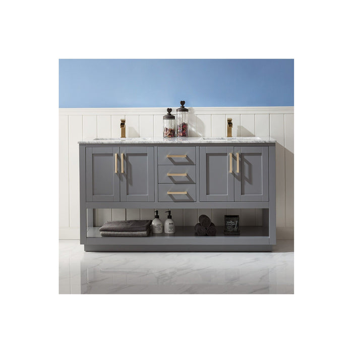 Remi 60" Double Bathroom Vanity Set in Gray and Carrara White Marble Countertop without Mirror