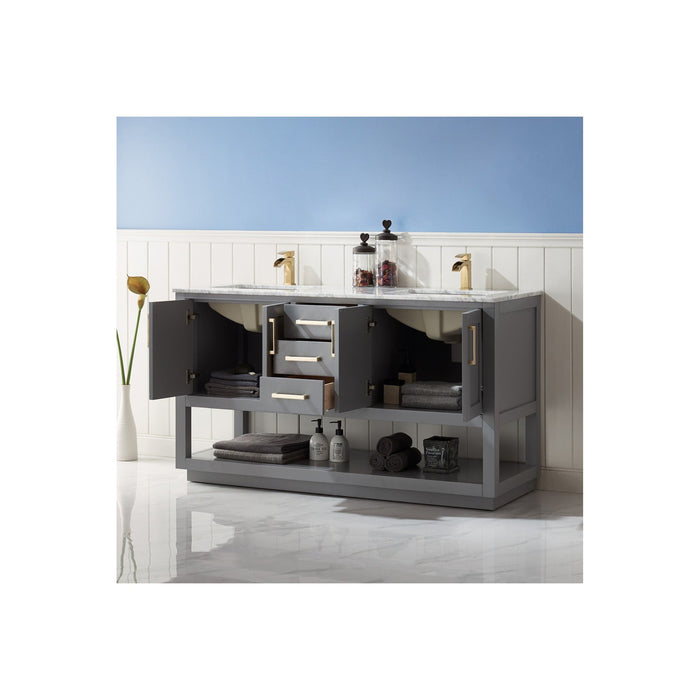 Remi 60" Double Bathroom Vanity Set in Gray and Carrara White Marble Countertop without Mirror