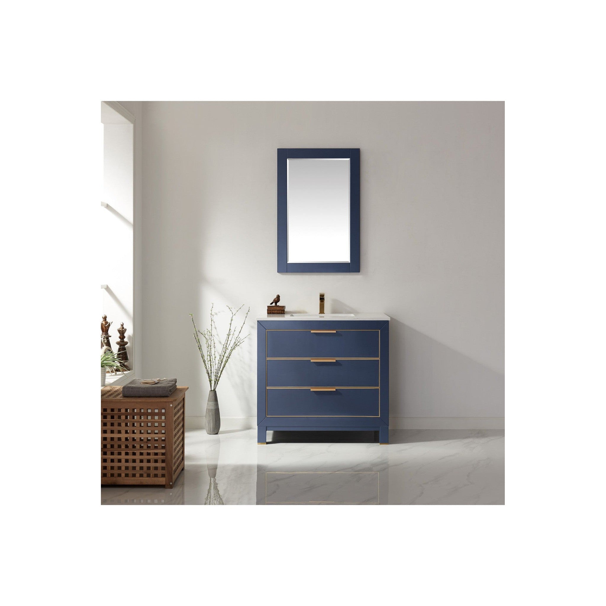 Jackson 36" Single Bathroom Vanity Set in Royal Blue and Composite Carrara White Stone Countertop with Mirror