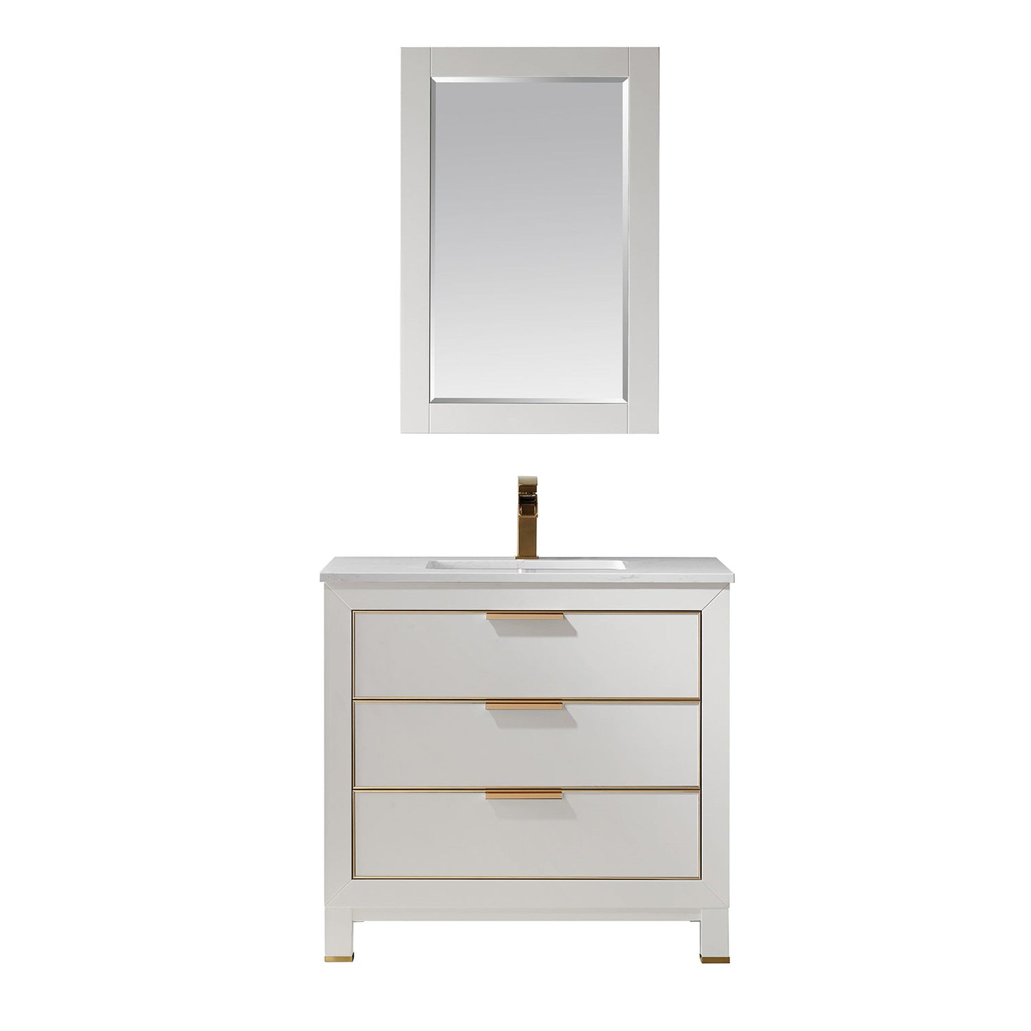 Jackson 36" Single Bathroom Vanity Set in White and Composite Carrara White Stone Countertop with Mirror