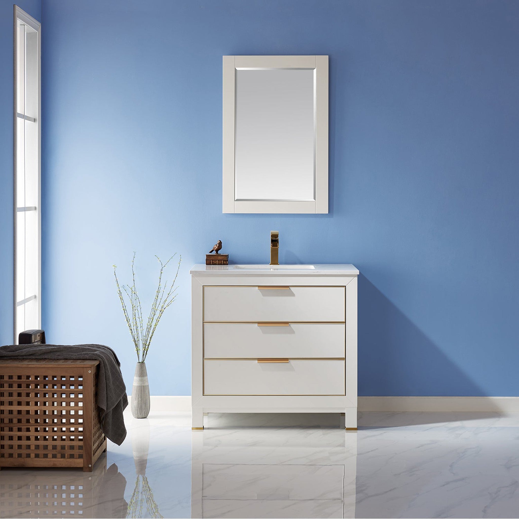 Jackson 36" Single Bathroom Vanity Set in White and Composite Carrara White Stone Countertop with Mirror